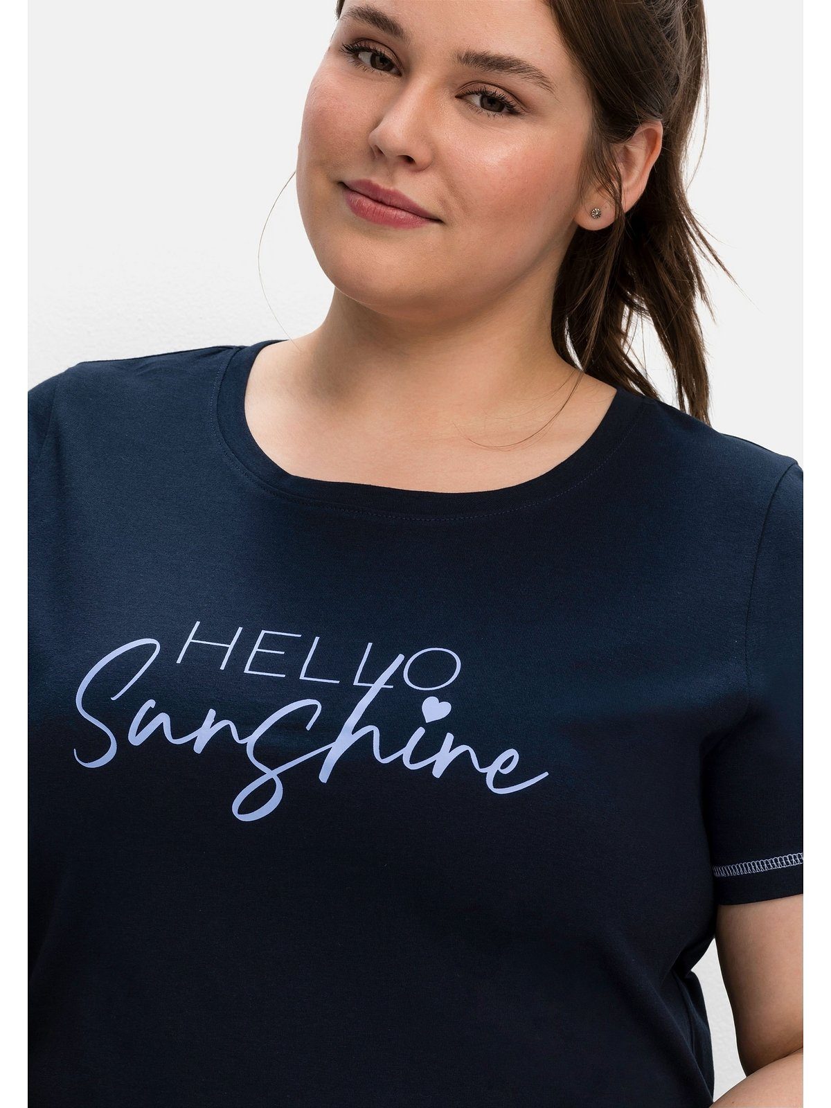 bedruckt T-Shirt Wordingprint, tailliert Sheego leicht nachtblau Große Größen mit