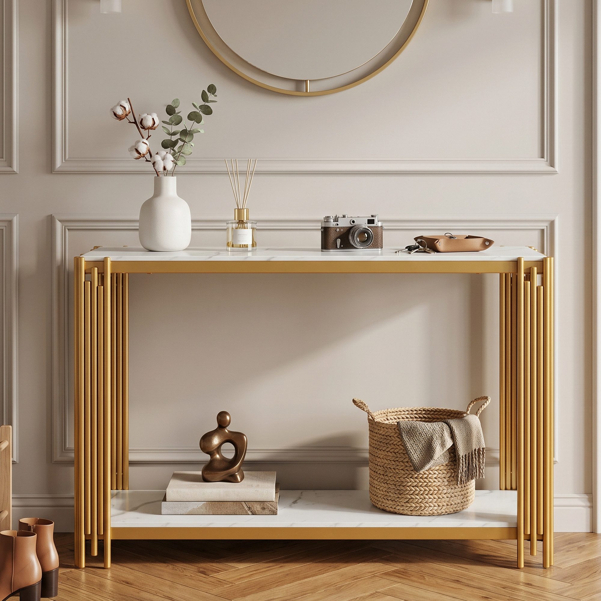 Celya Konsolentisch 123.5×33.5×80 cm,Flurtisch in Marmoroptik mit 2 Ablagen,Metallgestell (Moderner Eingangs- und Sofatisch für Flur, Wohnzimmer und Schlafzimmer)