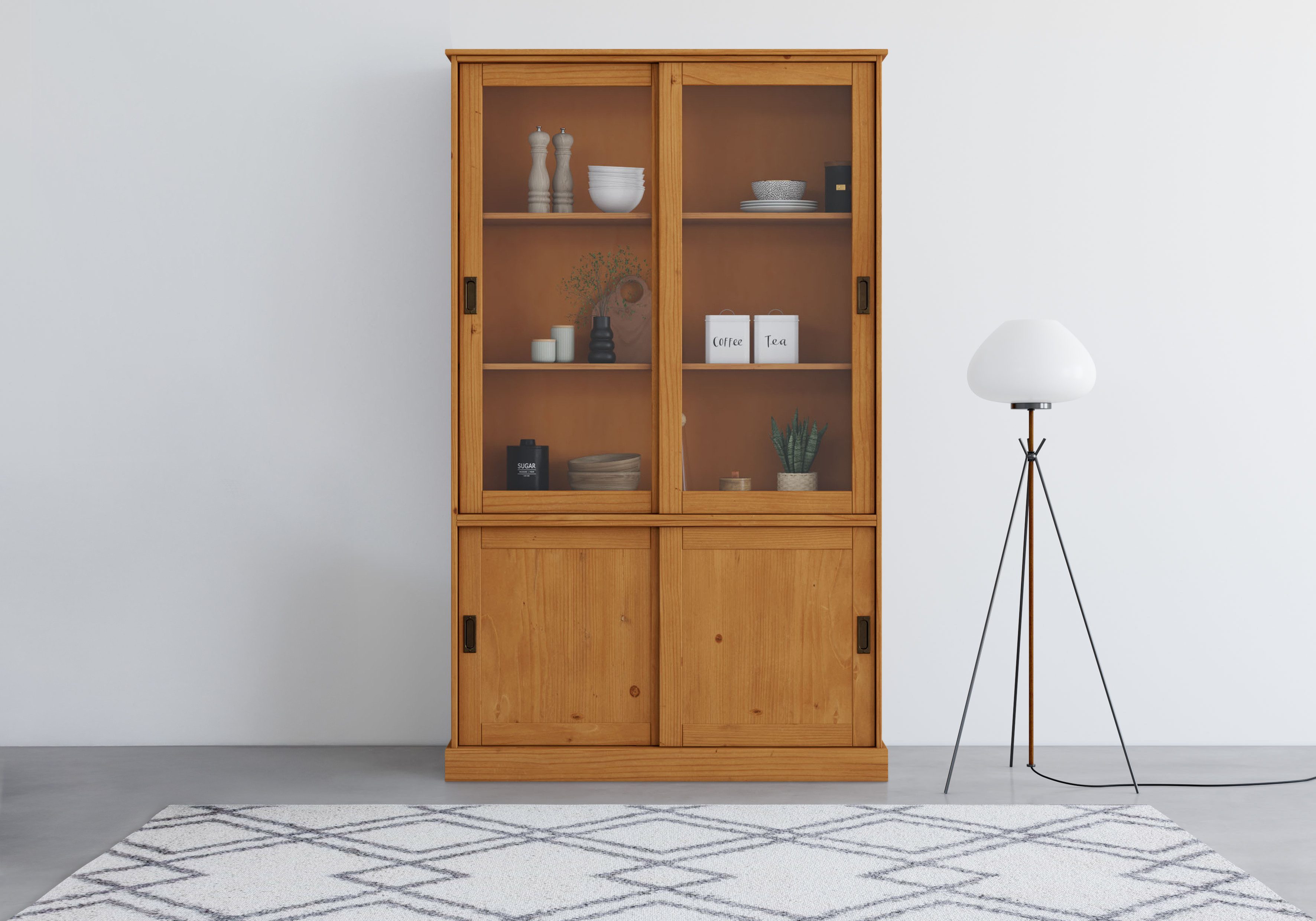 OTTO home Vitrine Schröder mit 2+2 Schiebetüren, aus massivem Kiefernholz, Breite 114 cm