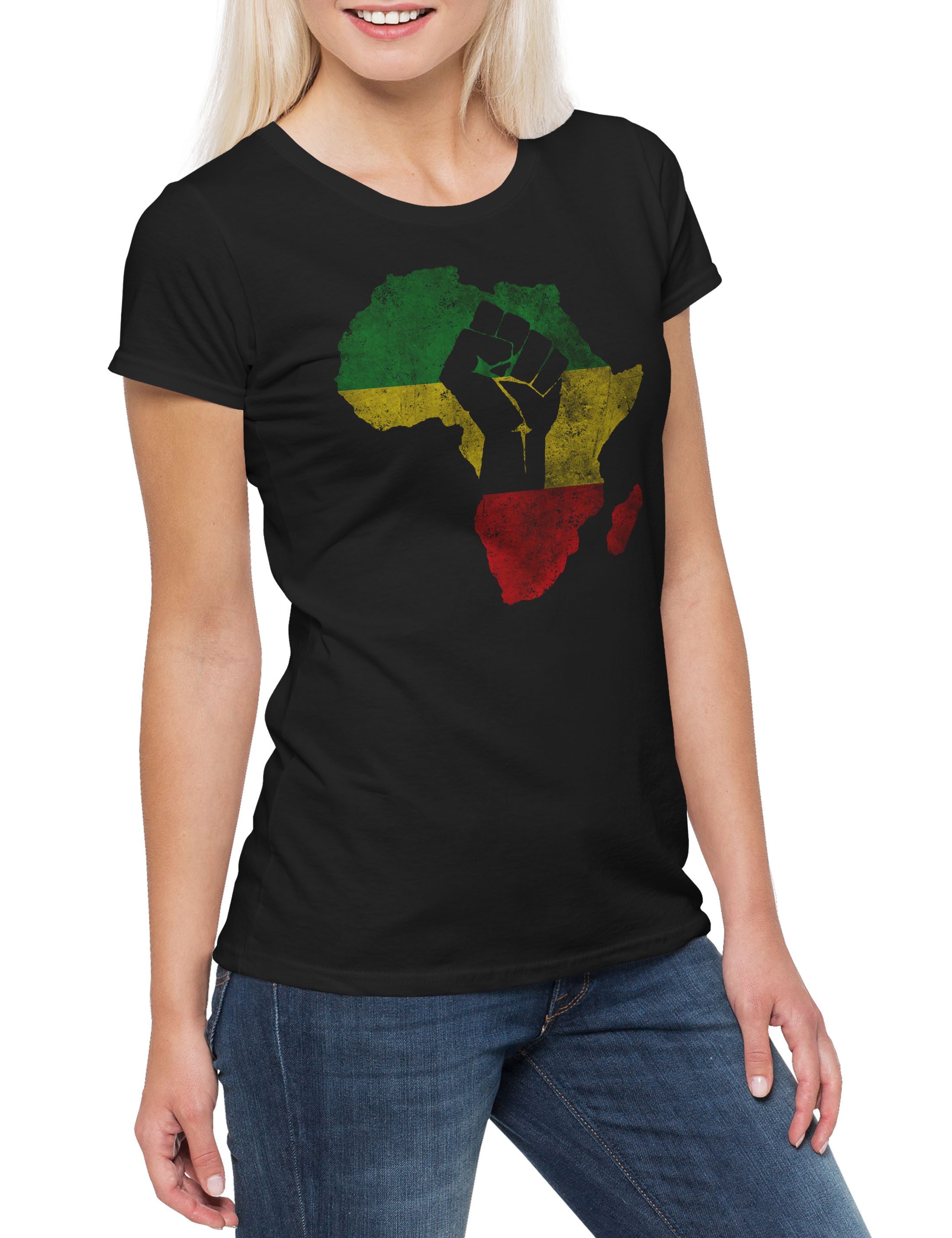 Print-Shirt African Fist Damen T-Shirt Zion Music Jah Babylon Musik Babylon Irie