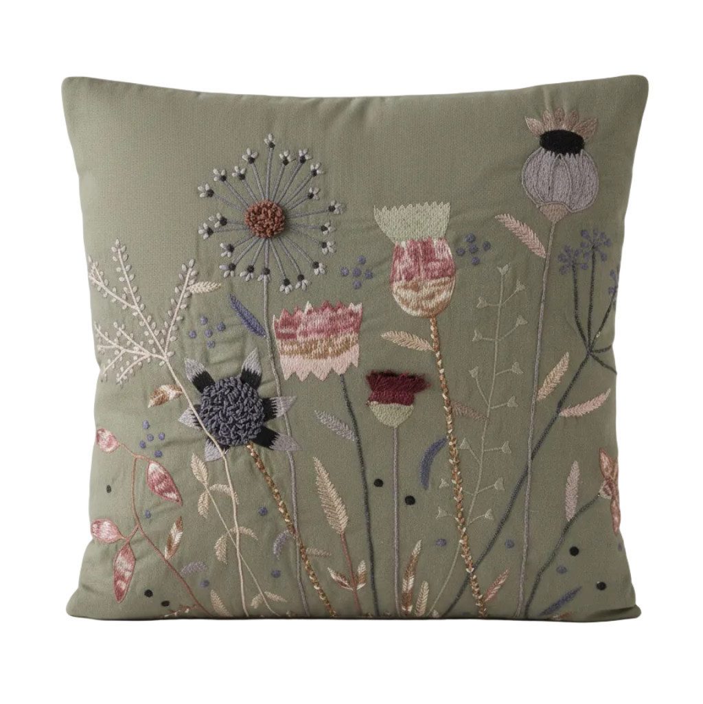 MF Dekokissen Dekokissen Flora Vintage 45x45 cm Handbestickt Floral Grün Rosa