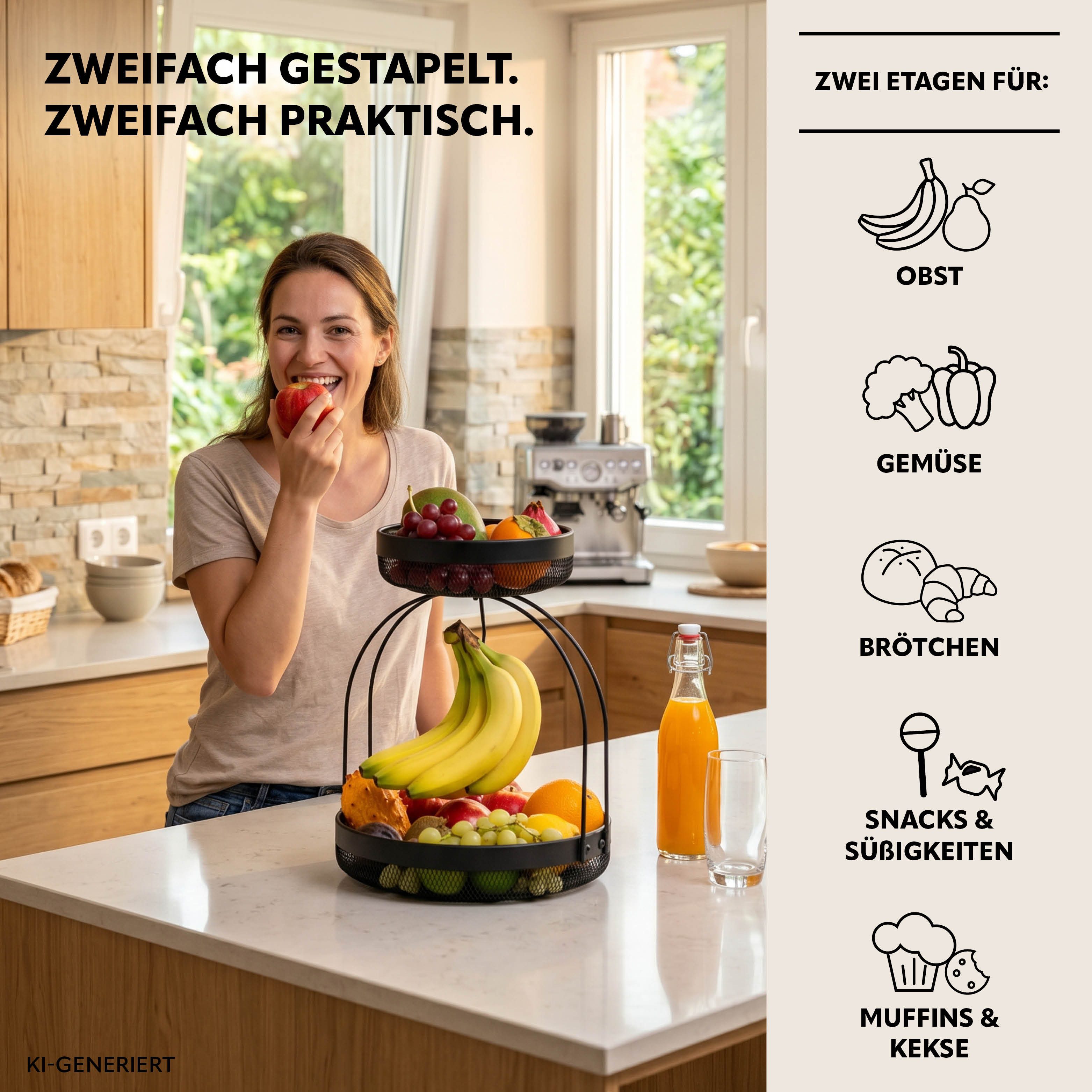 eluno Obstschale 2-stöckige Etagere, Metall, (1-tlg), mit Bananenhalterung