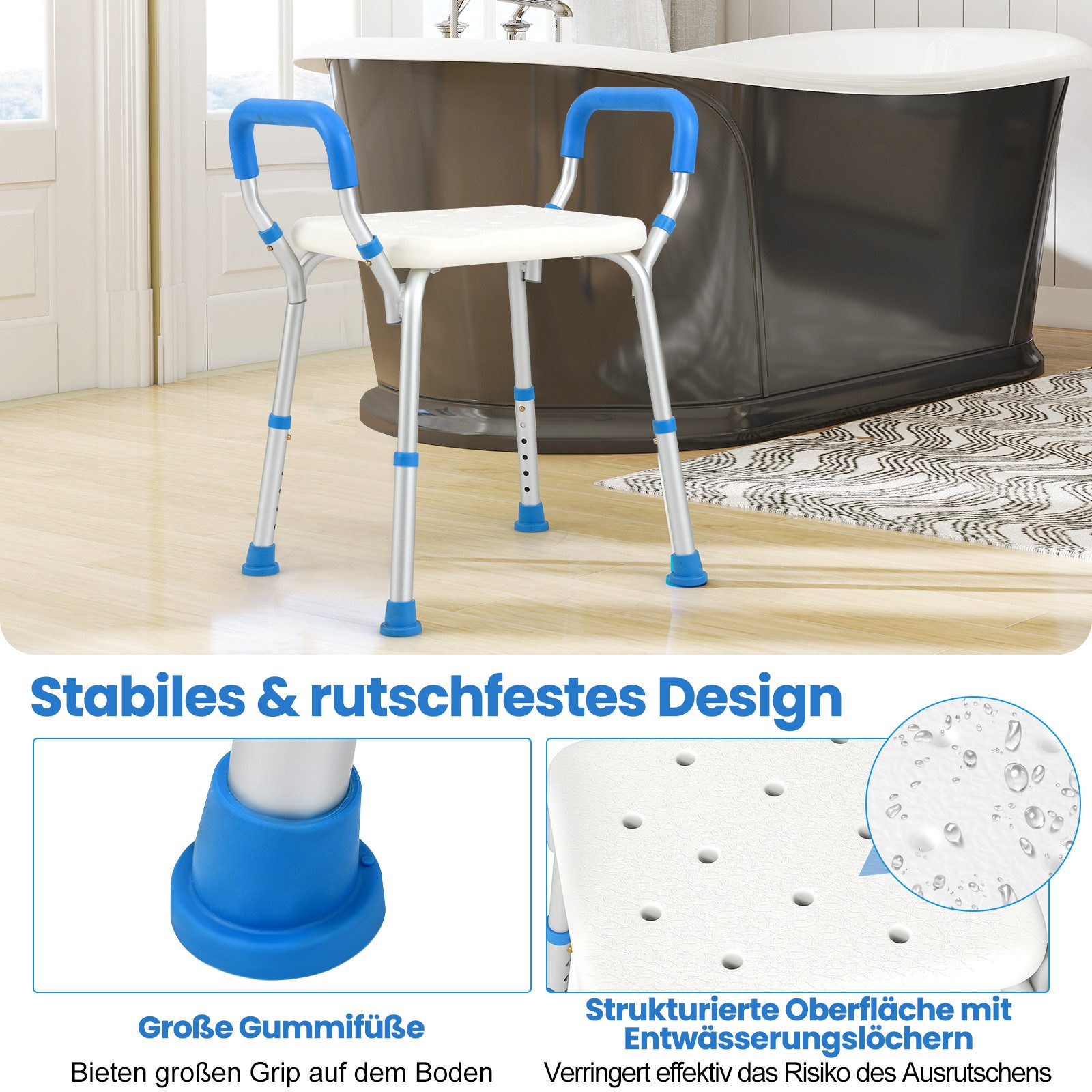 COSTWAY Duschhocker Badhocker, belastbar bis 100,00 kg, höhenverstellbar, mit Armlehnen