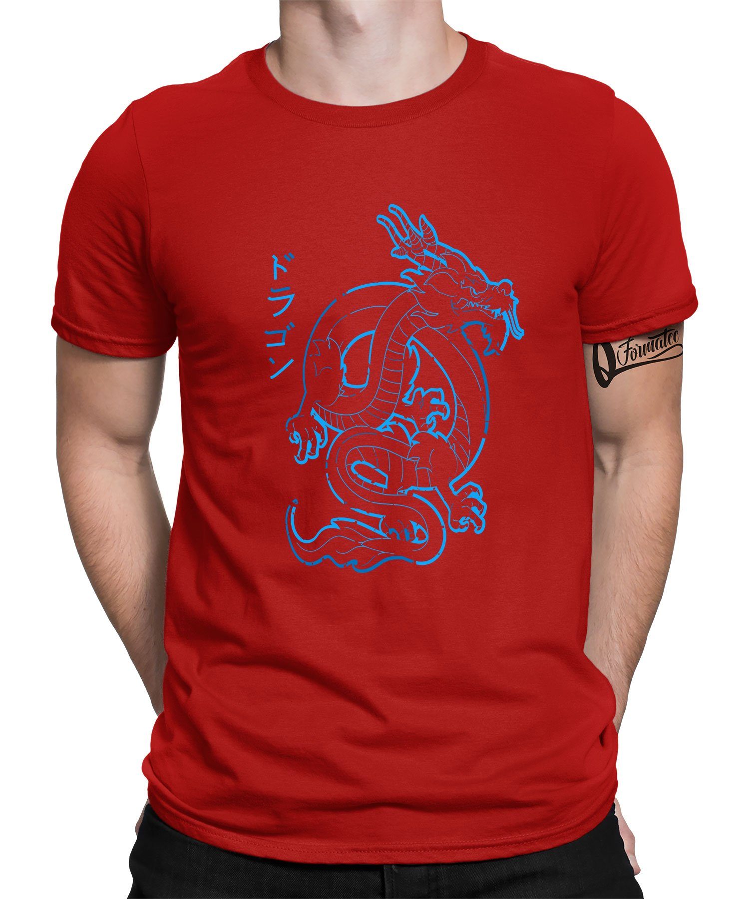 Quattro Formatee Kurzarmshirt Dragon Schriftzeichen Kanji Ästhetik mit Drache Rot Japanischen - (1-tlg) Blau
