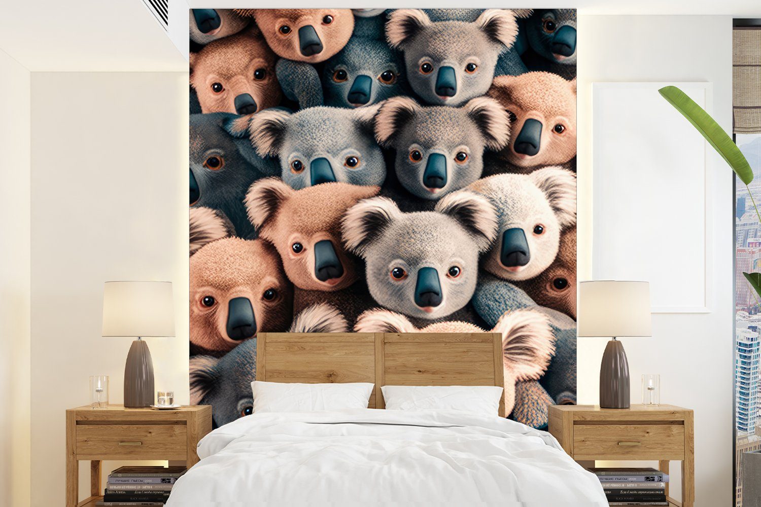 MuchoWow Fototapete Koala - Tiere - Muster - Grau - Braun - Kinder, Matt, bedruckt, (4 St), Montagefertig Vinyl Tapete für Wohnzimmer, Wandtapete