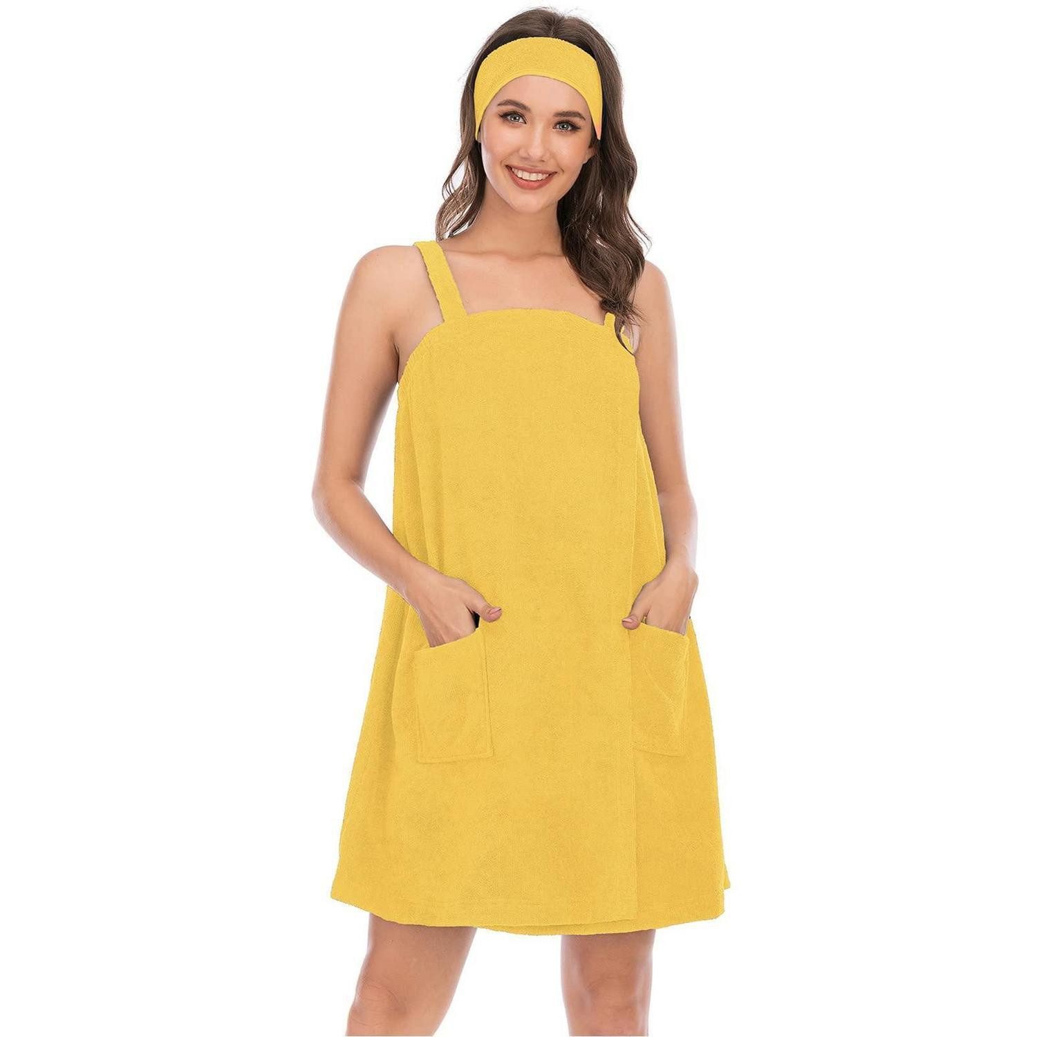 LuxusKollektion Damenbademantel Damen Bademantel mit Stirnband Gelb XXL, Textil, Klettverschluss