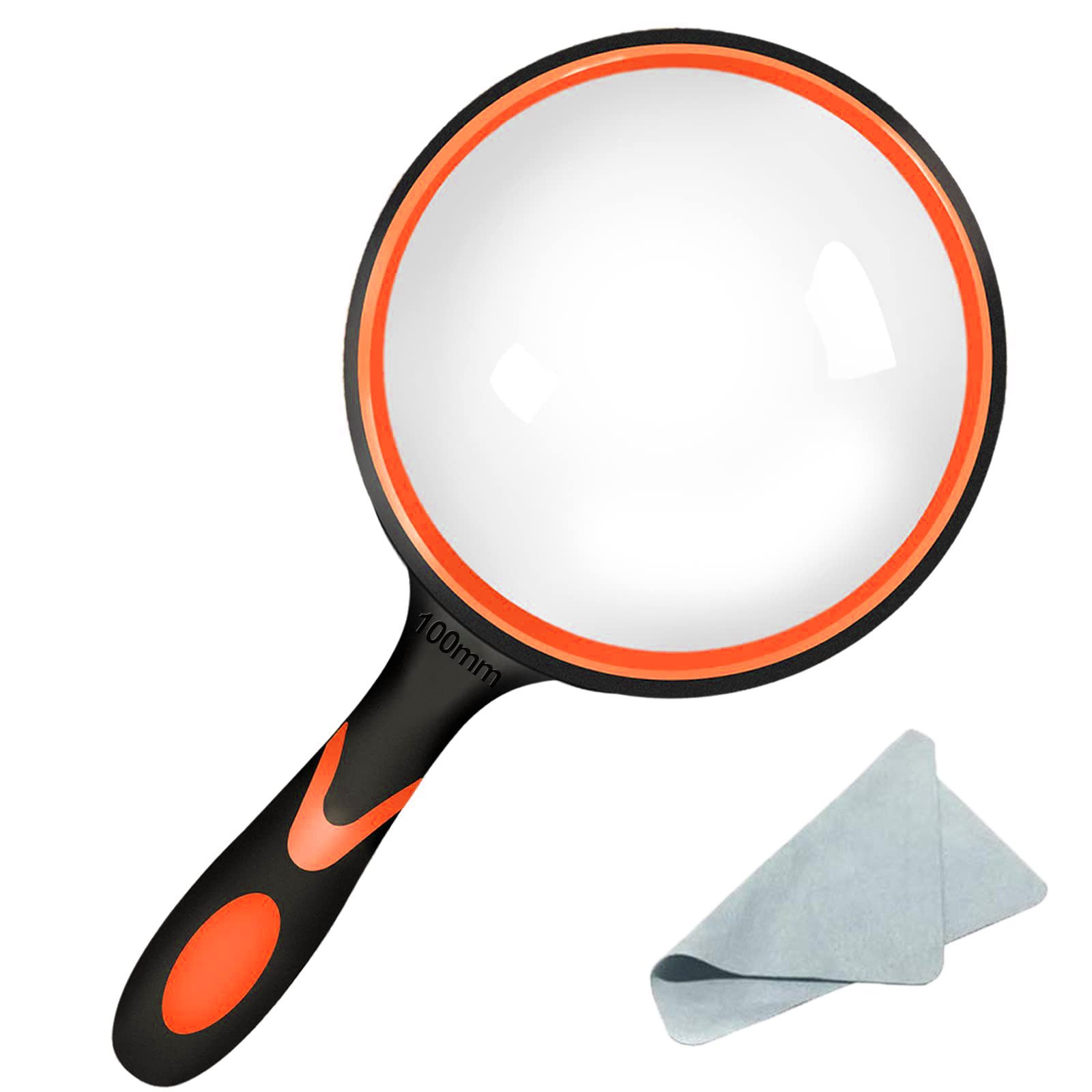 MOPUEA Handlupe Lupe 10 fach 100mm Große HandLupe Leselupe rutschfester Gummigriff, Leselupe Vergrößerungsglas großes Objektiv, erweitertes Sichtfeld, 1-tlg., Robuster, verdickter Rahmen Lesehilfe mit Griff für Senioren Kinder, für Aktivitäten wie Lesen,