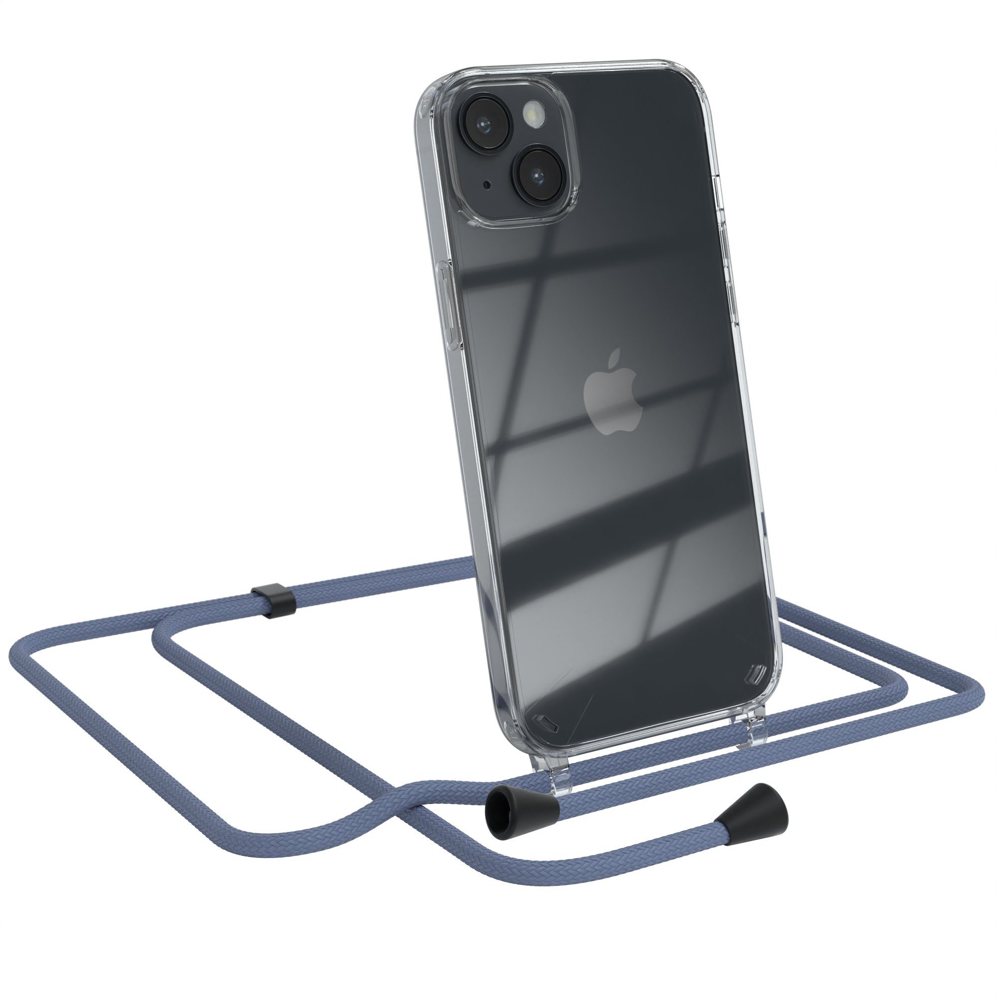 EAZY CASE Handykette Clips Schwarz für Apple iPhone 14 Plus 6,7 Zoll, Silikonhülle Transparent Handyhülle mit Kordel Kette zum Umhängen Blau
