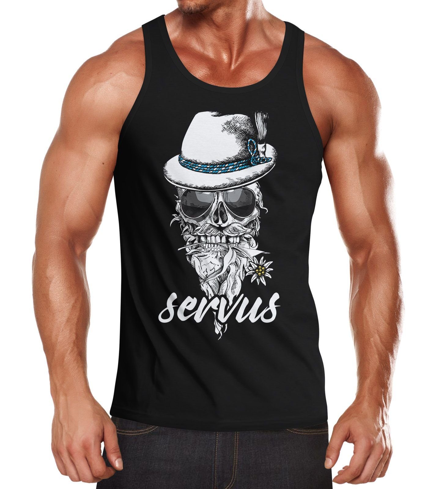 MoonWorks Tanktop Herren Tanktop Totenkopf Filzhut Bayern Skull Blume servus Fun-Shirt Moonworks® mit Print