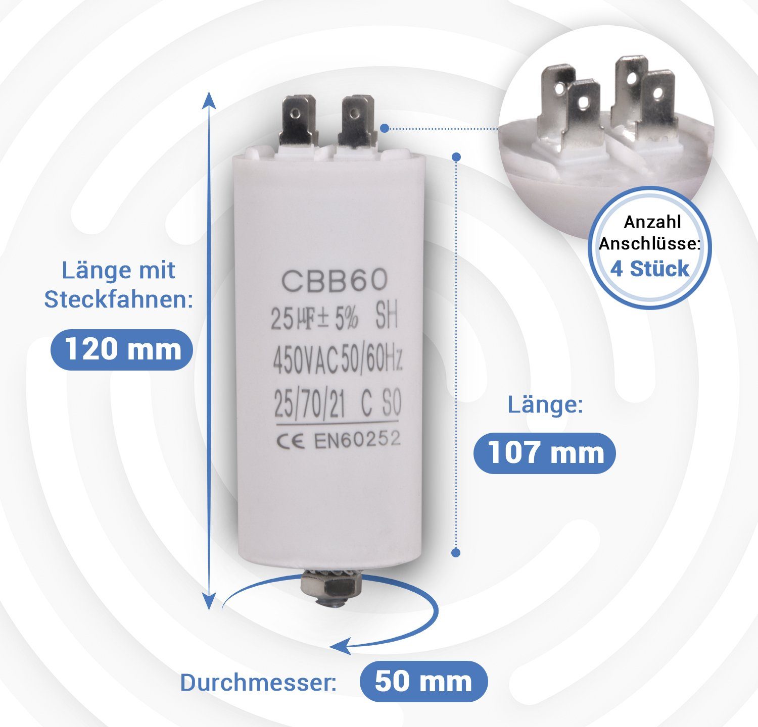 Wäschetrockner-Kondensator 45,00µF Befestigungsschraube Hausgeräte, für CBB60 mit VIOKS Steckfahnen Kondensator