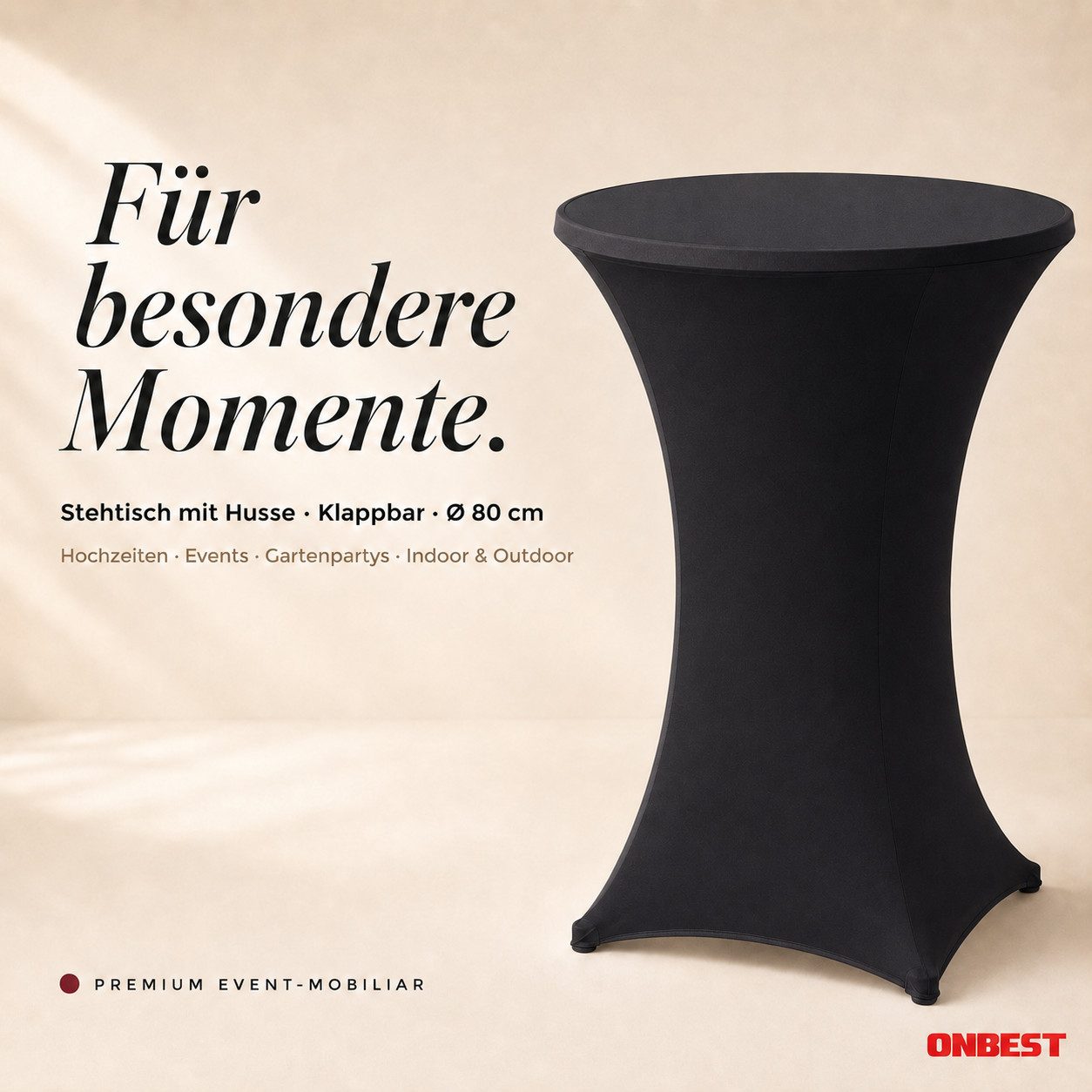 Onbest Stehtisch mit Tischhusse Ø 80 cm klappbar, 2,5 cm Holzplatte, 60 kg Tragkraft, Hitzebständig, Schwarz