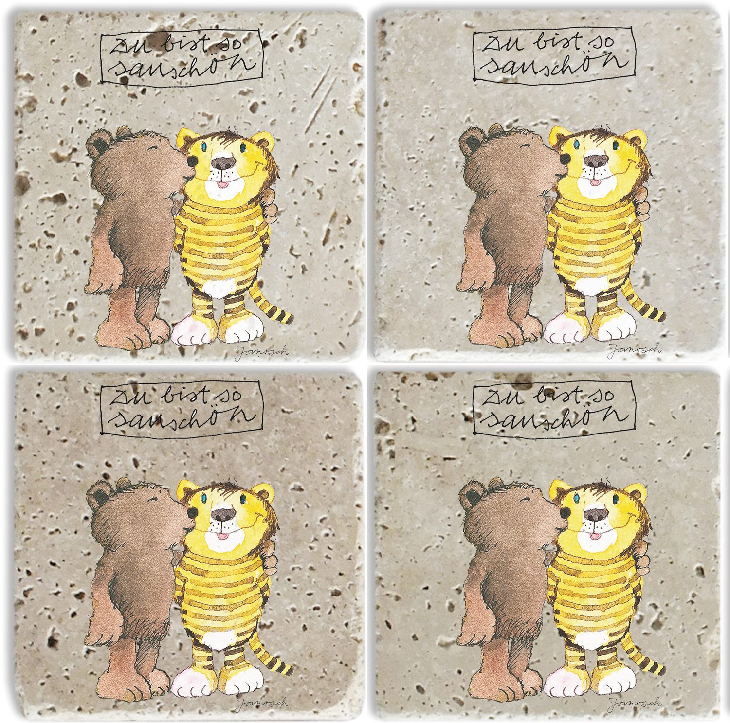LuckyLinde Getränkeuntersetzer Der kleine Bär und der Tiger, Set, 4-tlg., Janosch Set Topfuntersetzer Naturstein Untersetzer 10x10x1cm