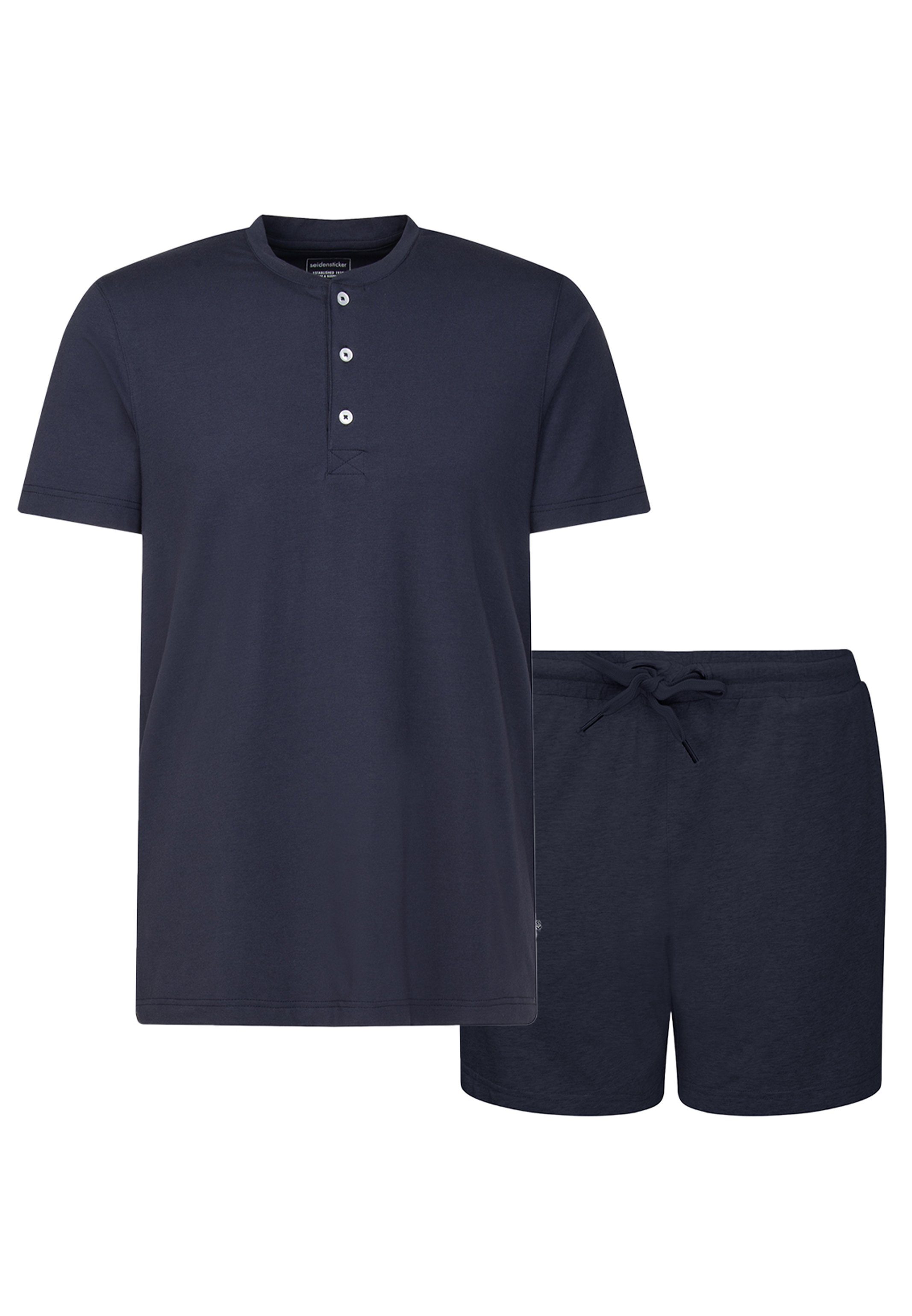 Henley-Design mit 2 kurzer - Schlafanzug Pyjama Shirt Navy (Set, kurz Knopfleiste seidensticker im Henley tlg)