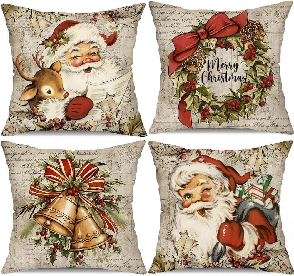 Bomiclss Kissenbezüge 4er Weihnachtskissen Kissenbezug Weihnachten Deko 45x45 cm, (4 Stück), Weihnachtskissenbezug Weinachtsdekorationen Weihnachts Kissen