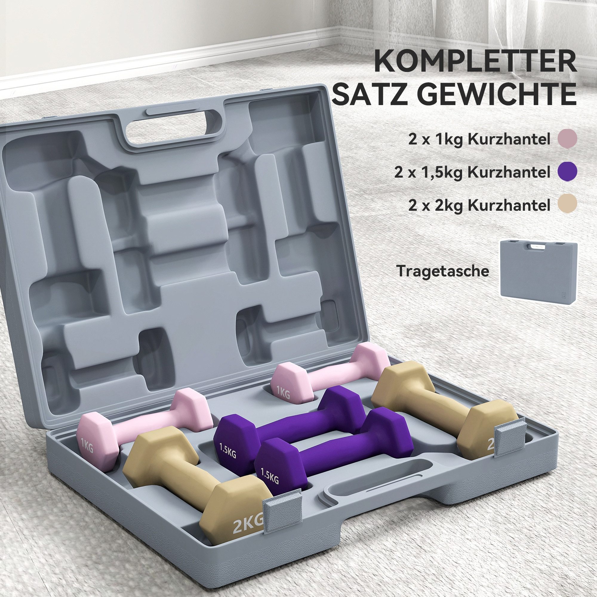 SPORTNOW Hantel-Set mit Tragtasche, 1kg, 1,5kg, 2kg Kurzhanteln, (6er Set Hanteln, Kurzhantelset aus Stahl), für Männer und Frauen, für Zuhause, Fitnessstudio, Krafttraining