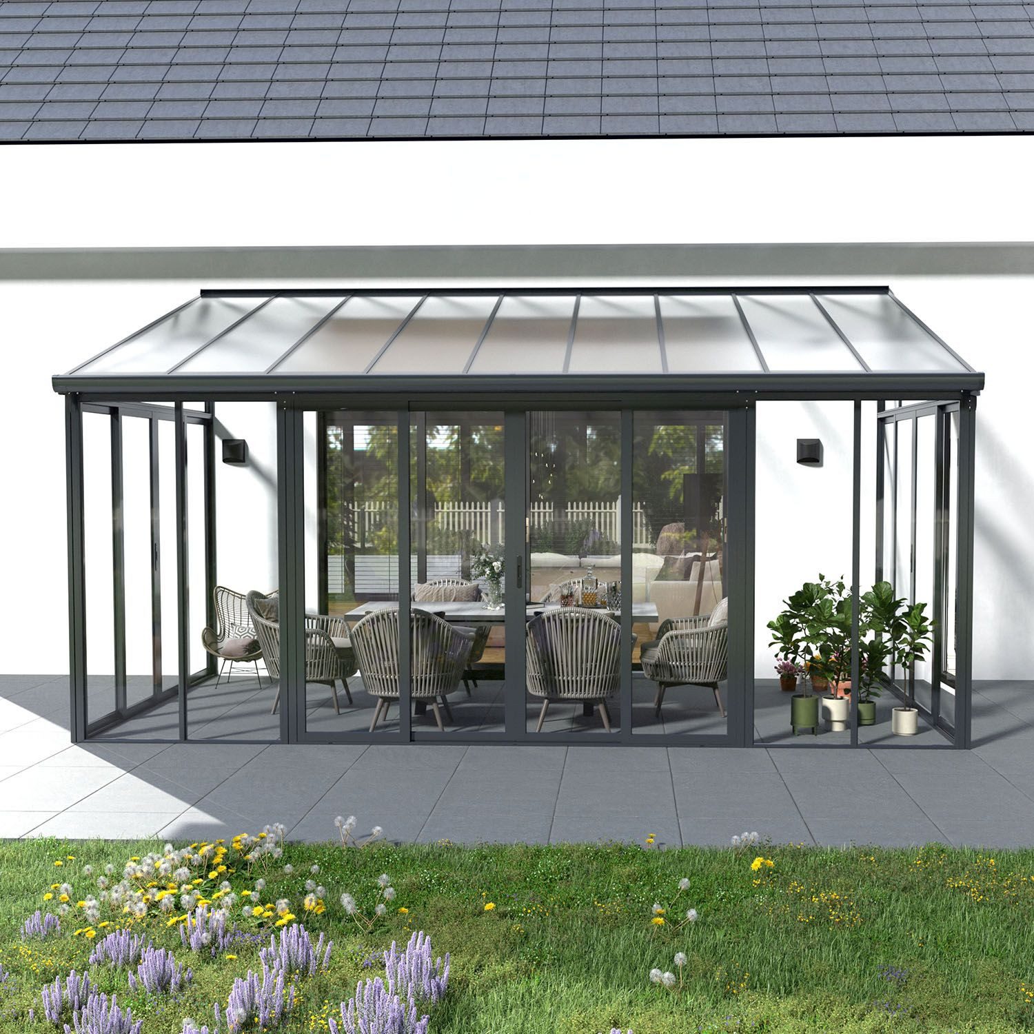 Juskys Wintergarten, 3 Doppeltüren, mit Regenrinne, UV-Schutzfolie, inkl. Schlüssel