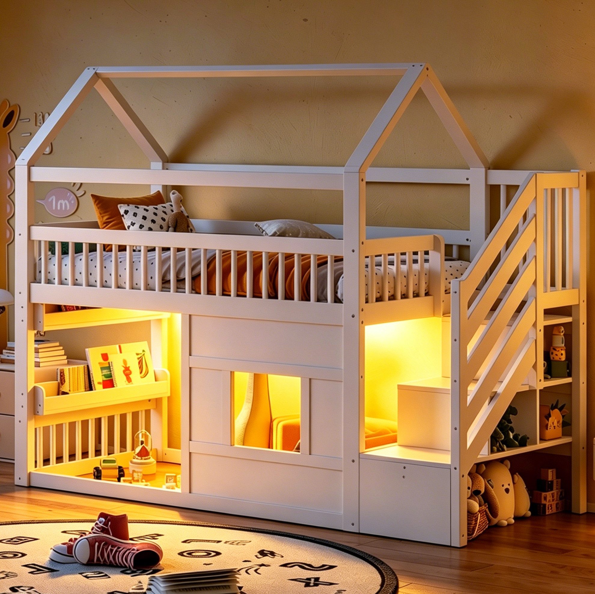OKWISH Etagenbett Kinder-Hochbett (im Hausdesign mit stabilem Kiefernholzrahmen, integrierter Treppe und Ablagefächern, 1-St., 90x200cm), ohne Matratze