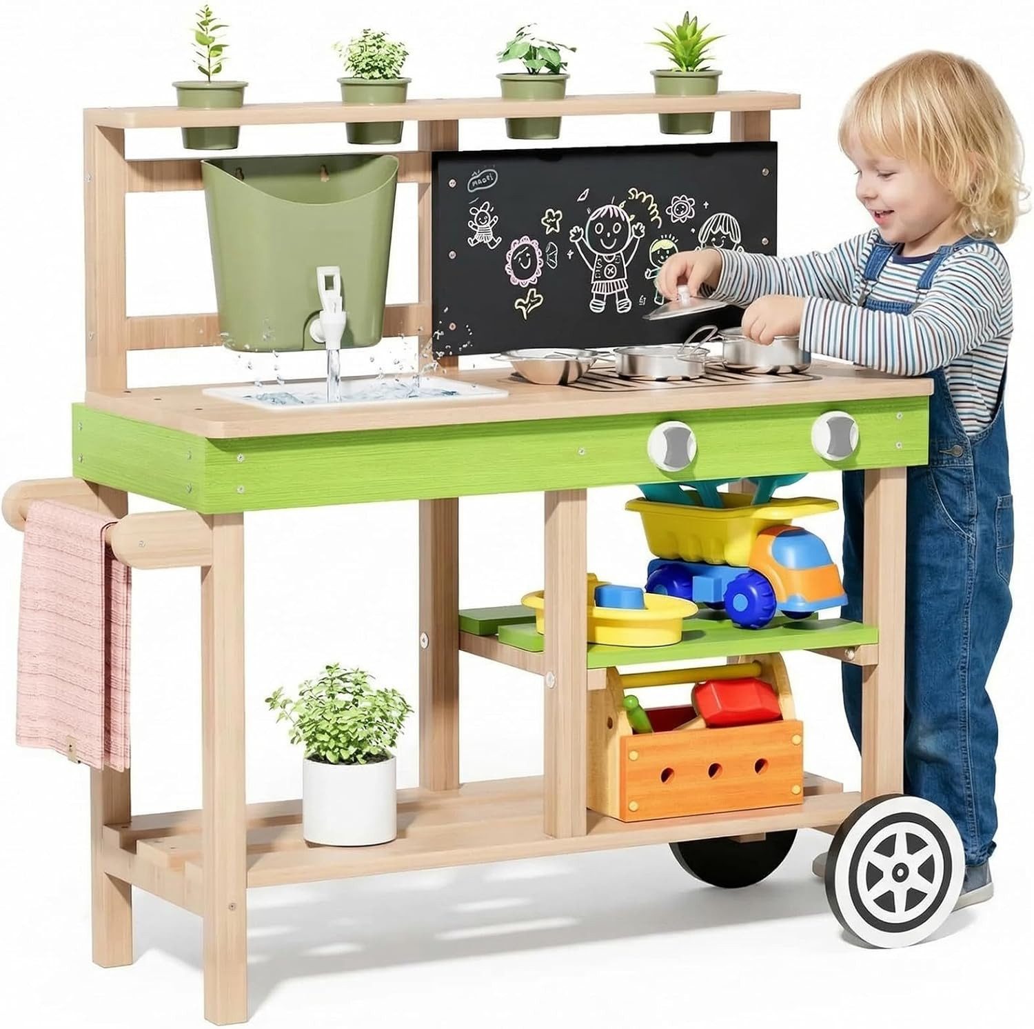 TLGREEN Outdoor-Spielküche Holz Matschküche Kinder Outdoor, 88,5x33,5x85 cm, mit Funktionierendem Wasserhahn/Rädern/Pflanzkästen/Tafel