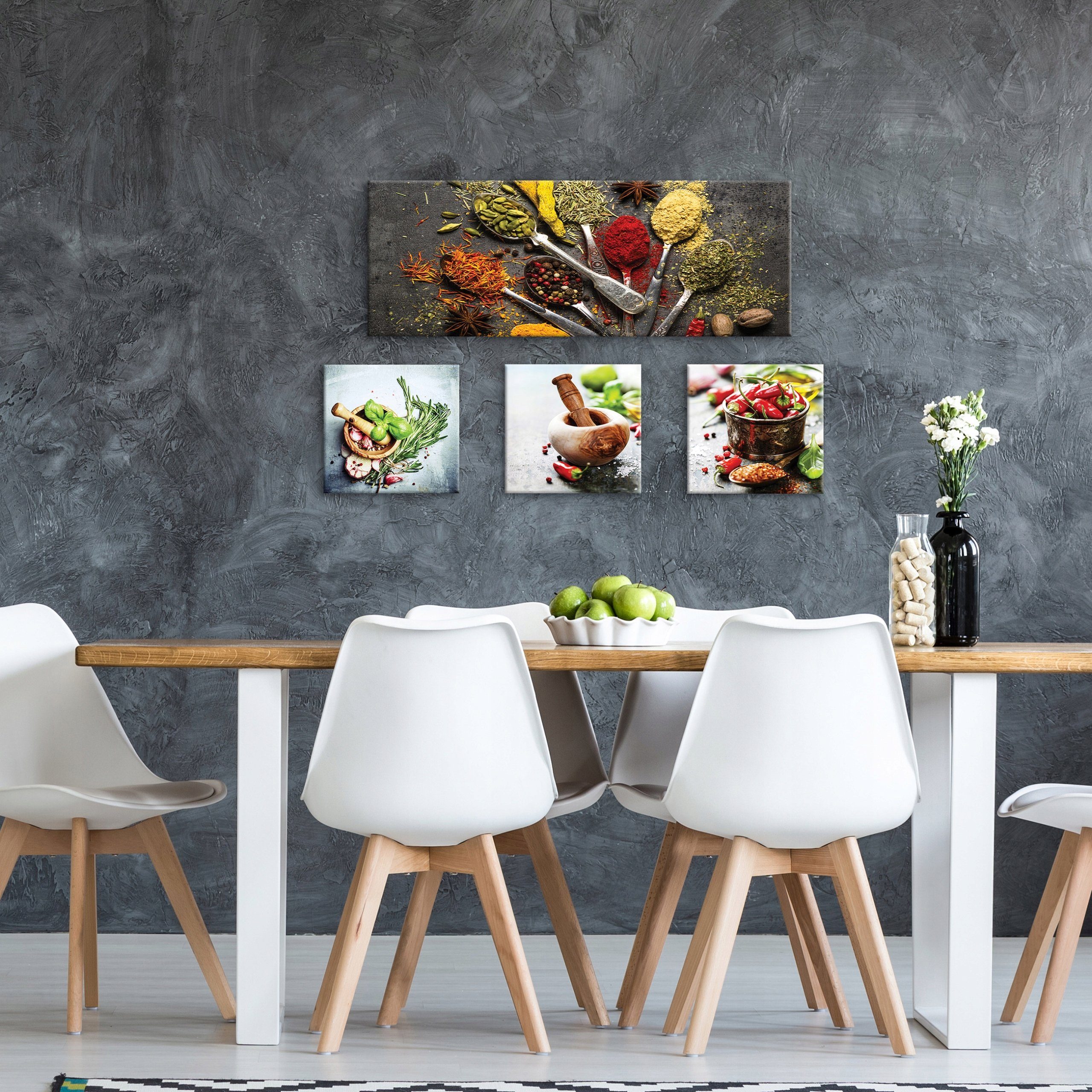 Wallarena Leinwandbild Küche Gewürze Kräuter 4 Teile SET Wandbilder Kunstdr günstig online kaufen