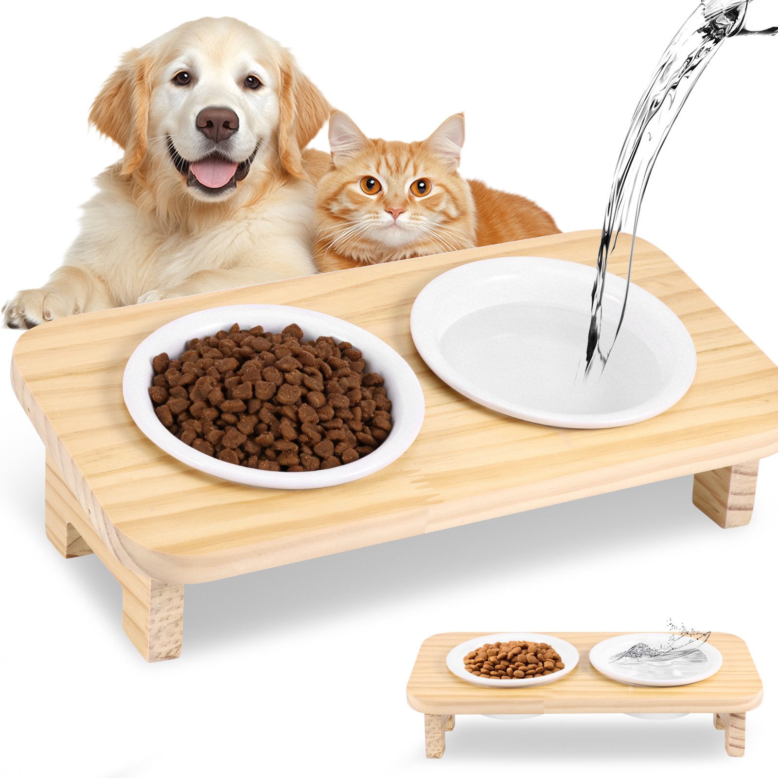 BlingBin Futternapf Doppelnapf, Katzen & kleine Hunde, 2 x Keramik Napf, je 200 ml, Keramik, 15° Neigung Ergonomischer Futterstation Katzen Napfset Hundenapf