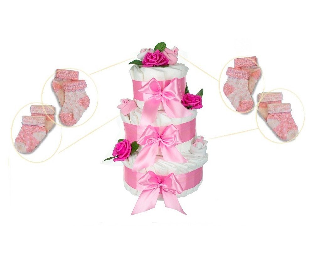 Windeltorte (63-teilig) Neugeborenen-Geschenkset Rosenblüte dubistda-WINDELTORTEN- XXL rosa