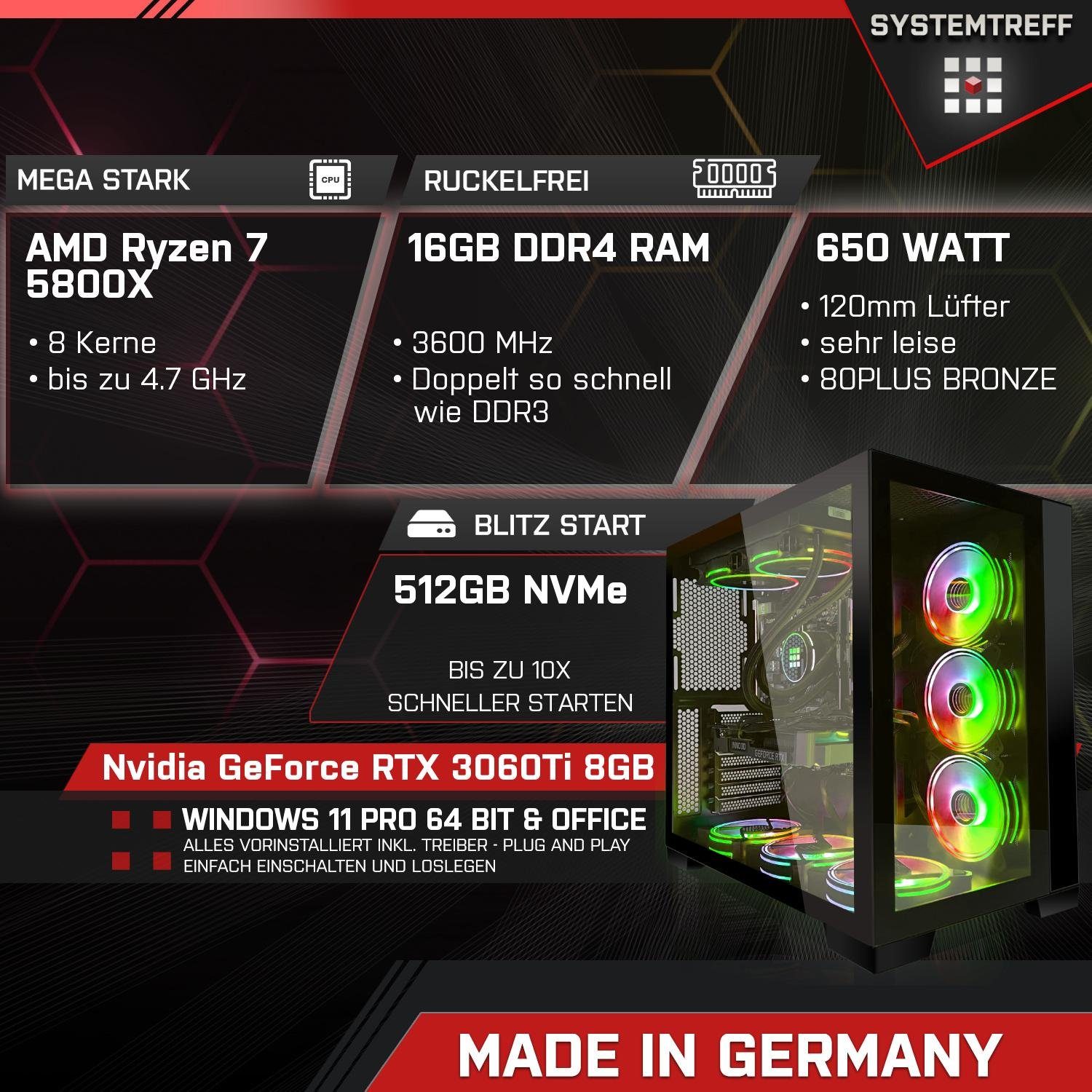 SYSTEMTREFF Gaming-PC (AMD Ryzen 7 5800X, Nvidia GeForce RTX 3060Ti 8GB  GDDR6, 16 GB RAM, Wasserkühlung)