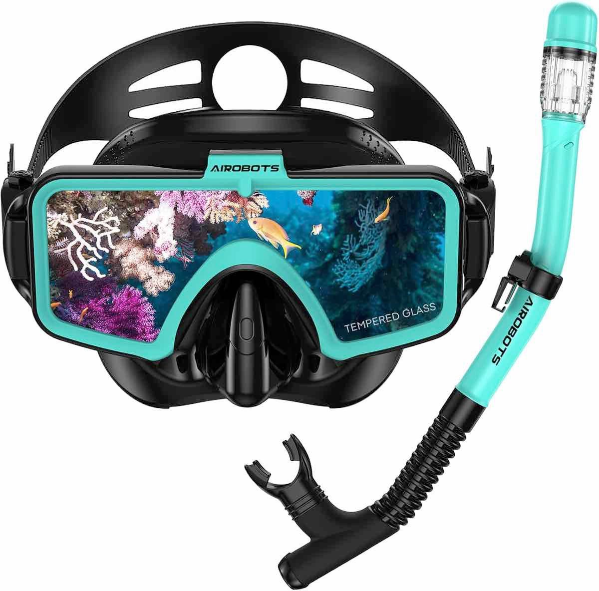 Airobots Schnorchel Schnorchelset Tauchermaske Schnorcheln Set Türkis Erwachsene Brille (Set, Schwimmbrille, Schnorchel und Tüte), Anti-Fog, Anti-Leck, 180°-Panoramasicht, HD-Glaslinse