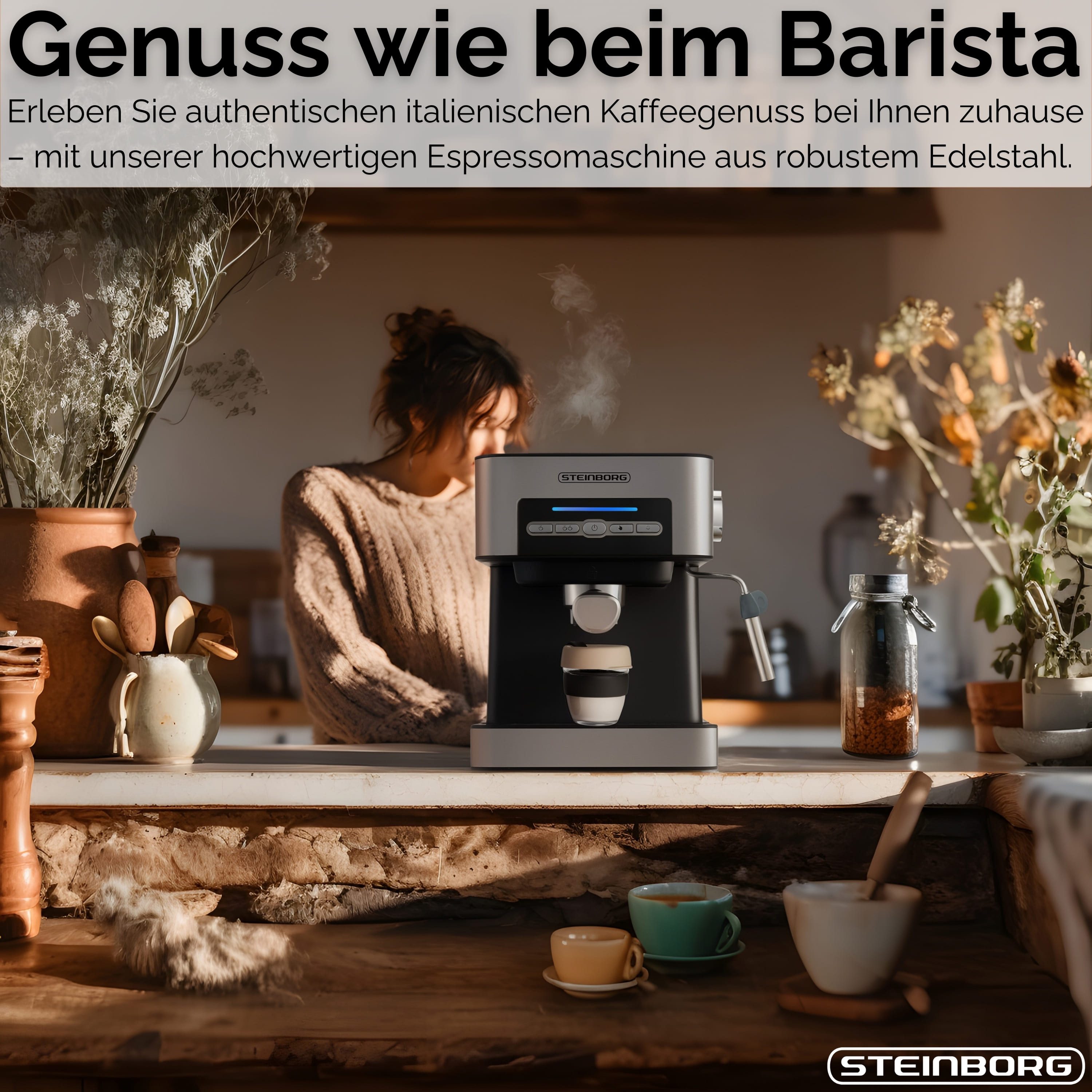 STEINBORG Espressomaschine, Edelstahlfilter, Edelstahl Design, 15 bar, Milchaufschäumer