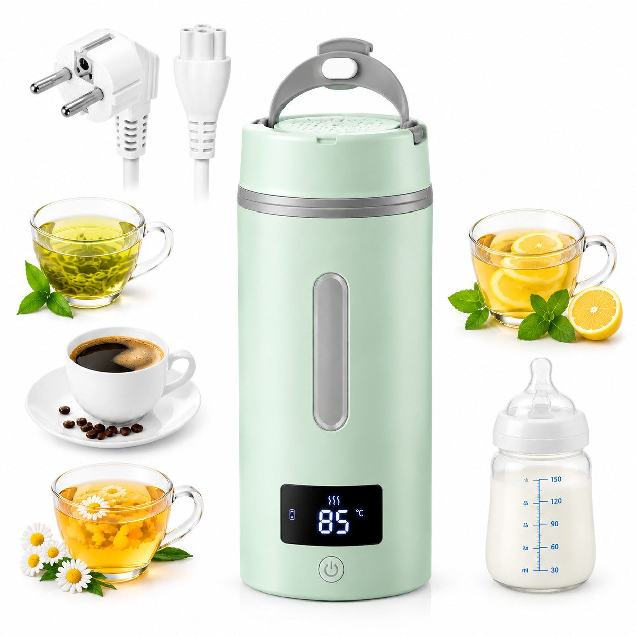 Fyrove Wasserkocher Mini Reisewasserkocher 400ml mit Temperaturanzeige, 304 Edelstahl, 300 W