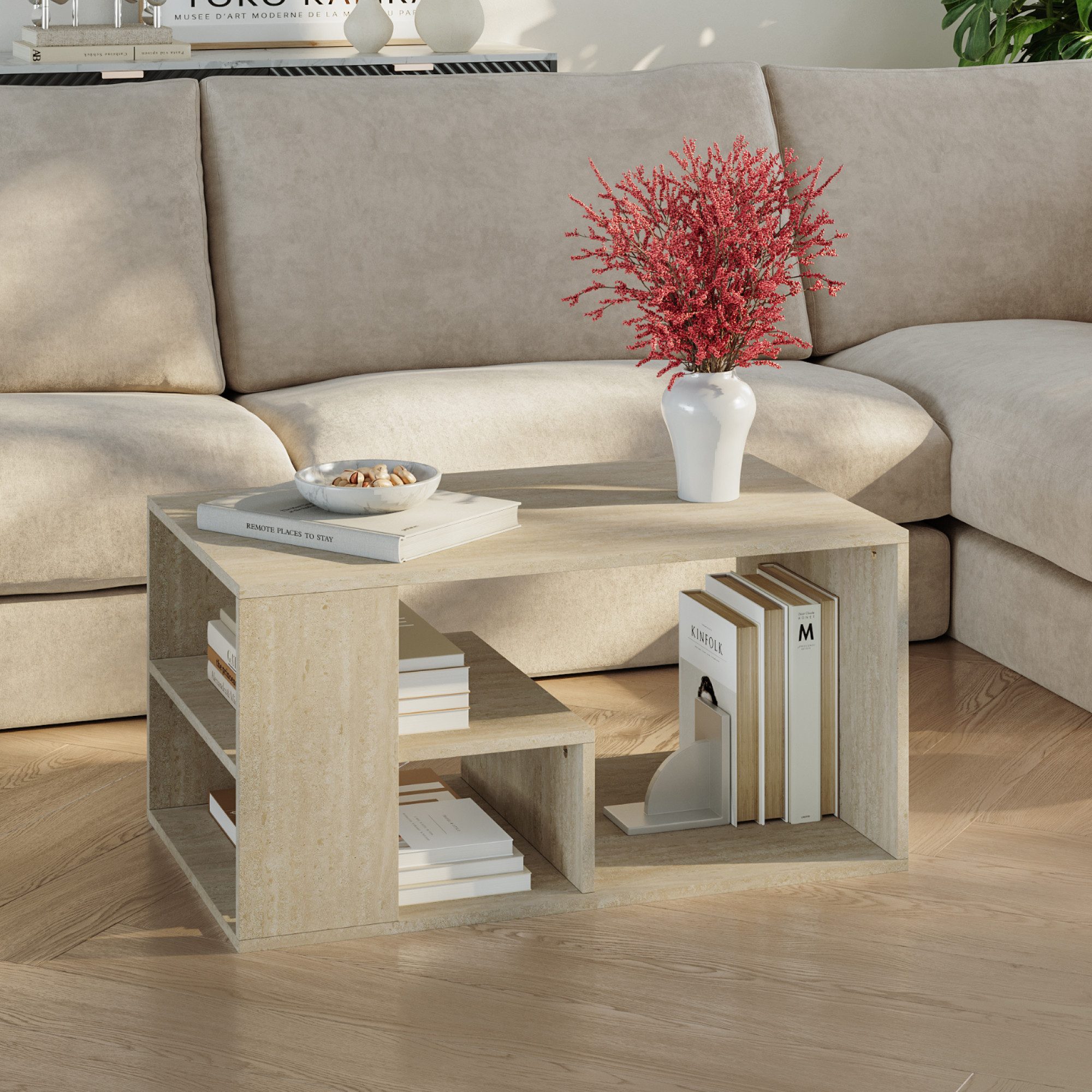 en.casa Couchtisch, »Antaa« 80 x 50 x 40 cm mit Stauraum rechteckig Travert günstig online kaufen
