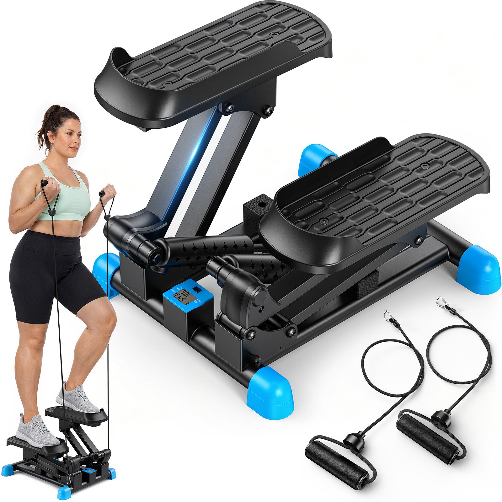 MERACH Mini-Stepper 3-in-1, Hydraulischer Beintrainer mit LCD-Display (3-in-1 Stepper-Set mit 2 Trainingsbändern für Ganzkörpertraining, 1-tlg., Enthält Mini-Stepper, 2 Widerstandsbänder, Werkzeug & Anleitung), 12 Höhenstufen, leiser Hydraulikantrieb, LCD-Monitor, bis 150 kg
