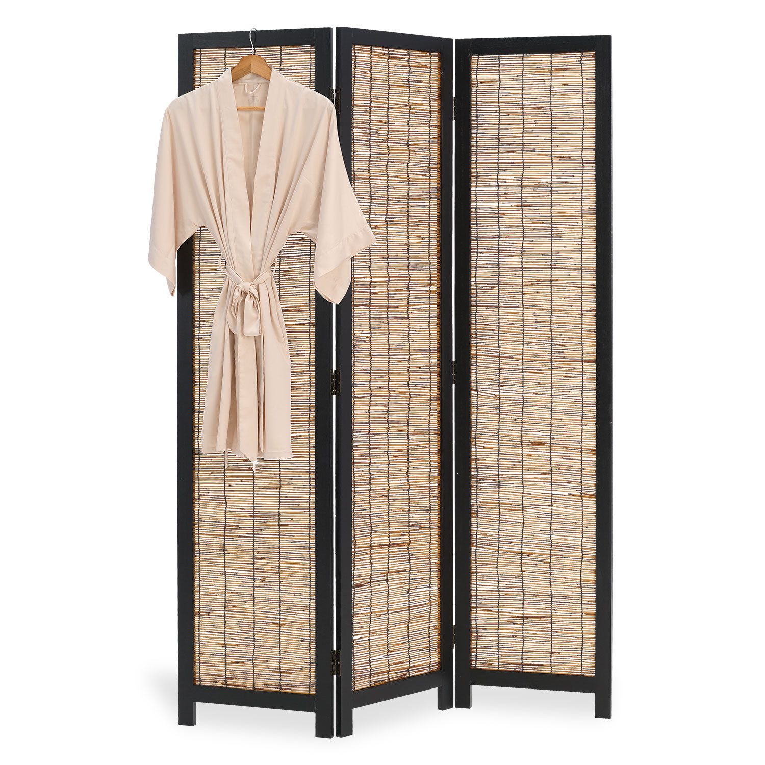 Homestyle4u Paravent Raumteiler Holz Trennwand Schwarz Sichtschutz Indoor faltbar Weide (3-teilig), Trennwand, 3-teilig