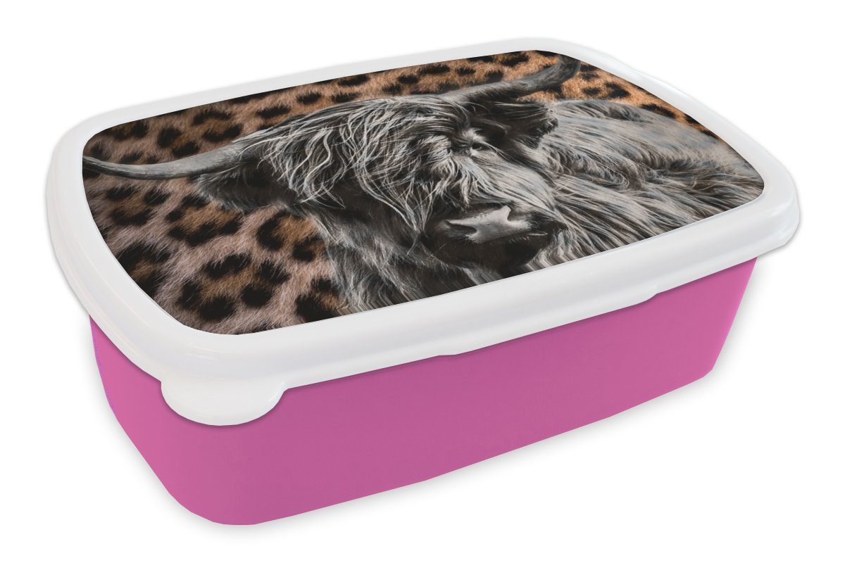MuchoWow Lunchbox Schottischer Highlander - Pantherdruck - Tiere, Kunststoff, (2-tlg), Brotbox für Erwachsene, Brotdose Kinder, Snackbox, Mädchen, Kunststoff rosa
