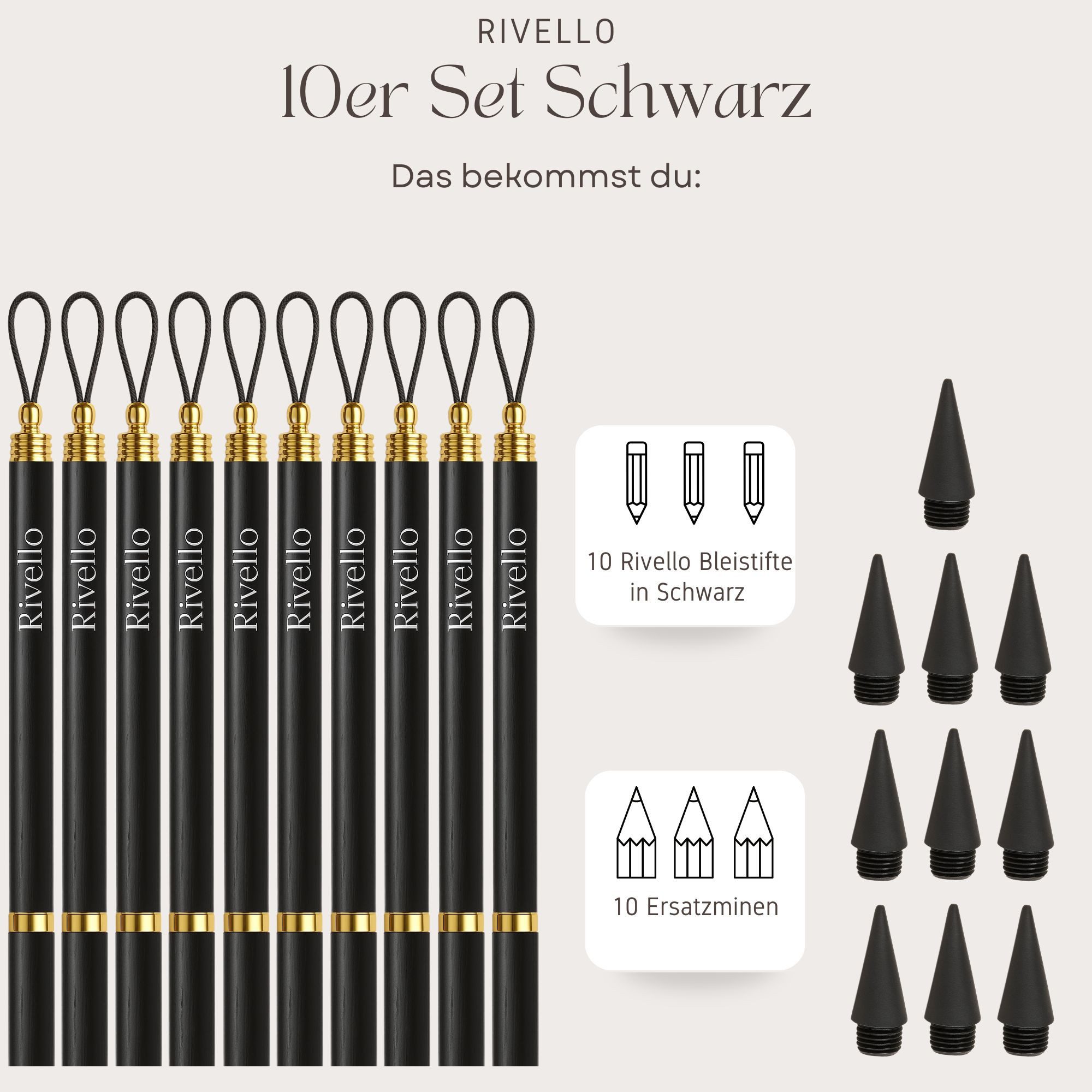 Rivello - Home & Living Bleistift aus Holz – schreibt ohne Anspitzen – mit Ersatzminen – Braun & Schwarz, (10-tlg)