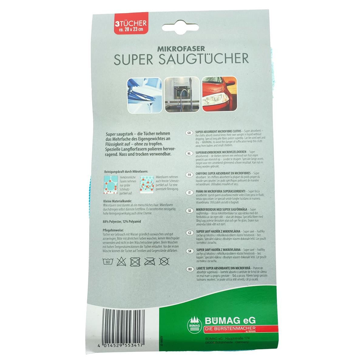 BÜMAG Mikrofaser Saugtuch 3er Set blau 280x230mm Reinigungstücher (Mikrofaser, 28x23 cm, Set, 3-tlg., Mikrofaser Super-Saugtücher, Saugtuch Mikrofasertuch Trockentuch saugstark Trocknungstuch)