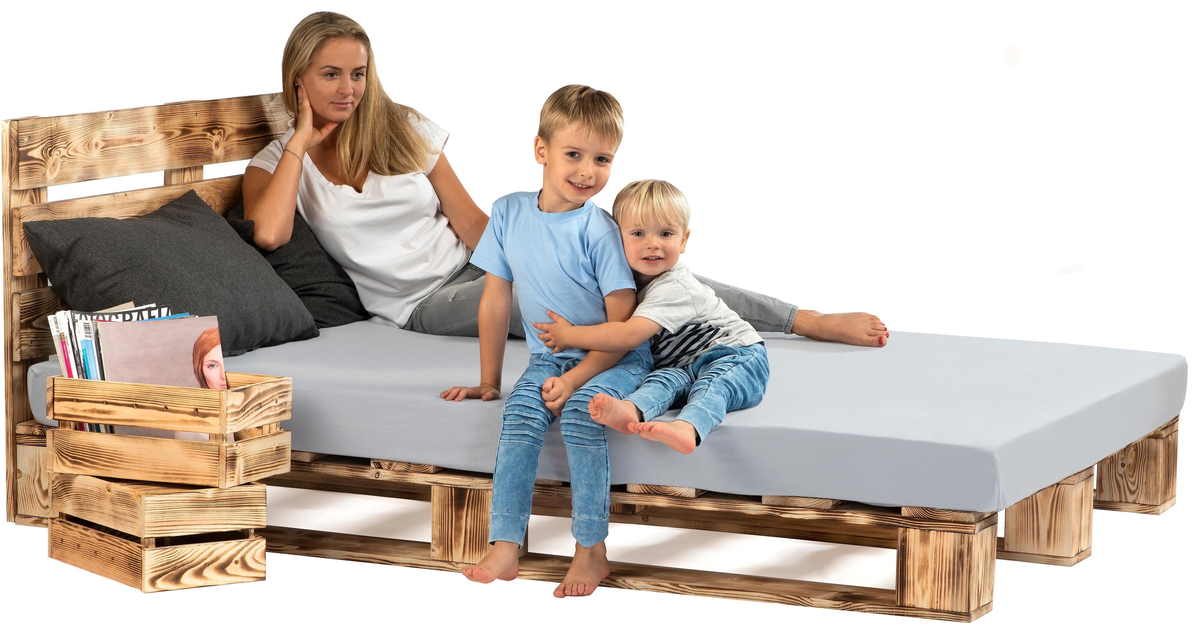 sunnypillow Palettenbett mit Kopfteil Holzbett 80 90 100 120 140 160 180 200 220 240 x 200 cm, 200x200 cm geflammt