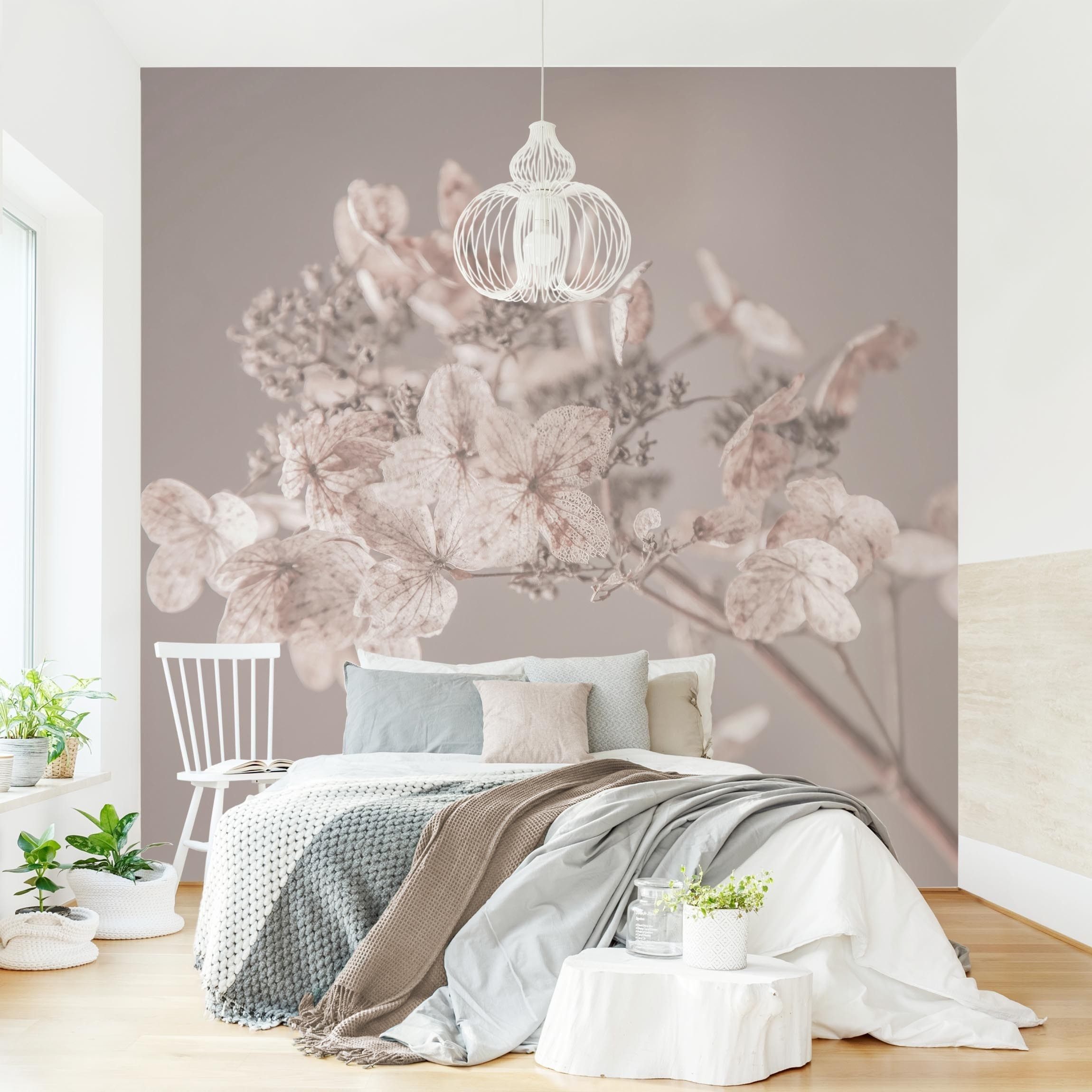 Bilderdepot24 Fototapete Blumen Zarte weiße Hortensie Blumentapete Floral Natur Modern Kunst, Glatt, Matt, (Vliestapete inkl. Kleister oder selbstklebend), Wohnzimmer Schlafzimmer Küche Flur Motivtapete Vliestapete Wandtapete