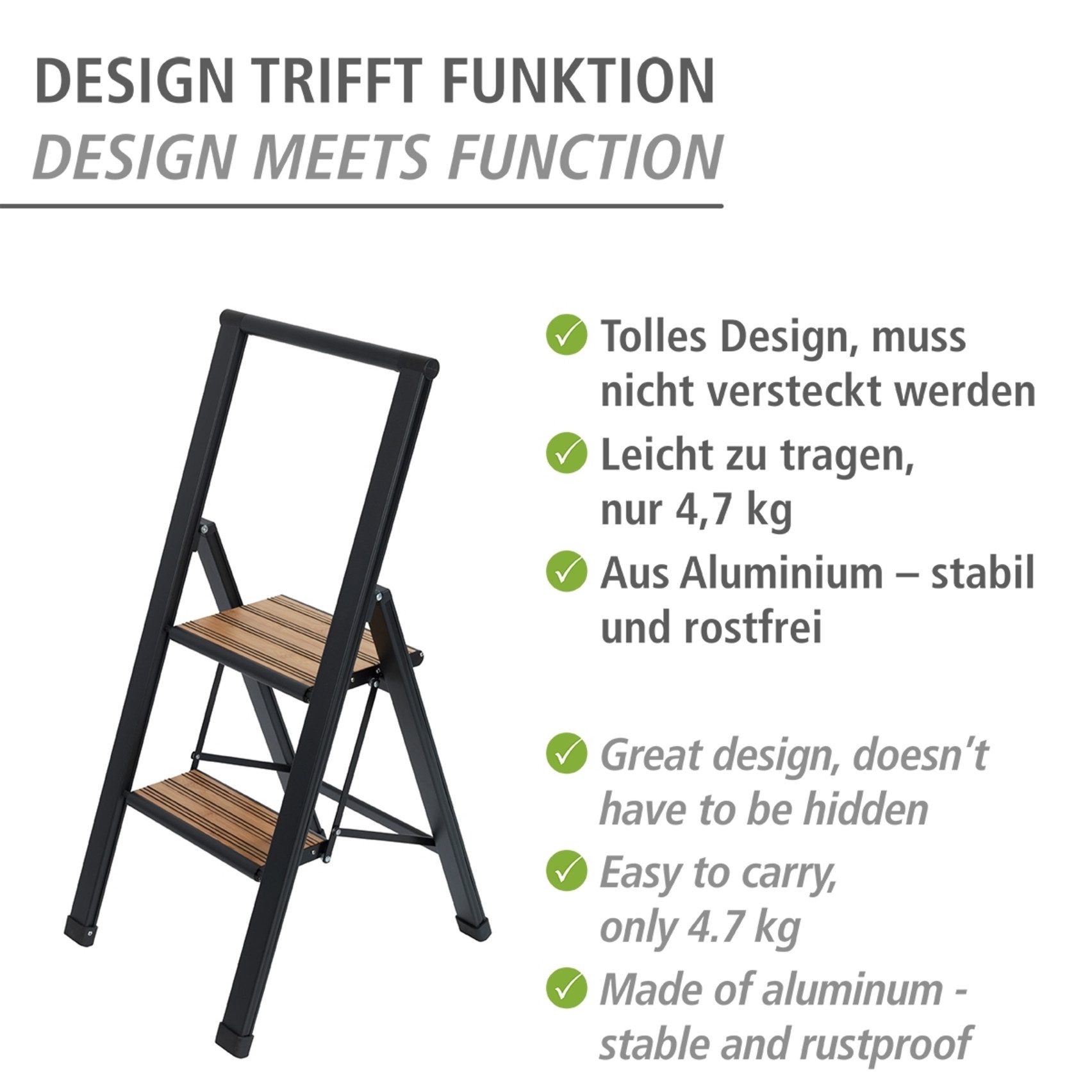 WENKO Trittleiter Modell Alu-Design, rutschsichere XXL-Stufen, robustes Aluminium in Kombination mit Bambus