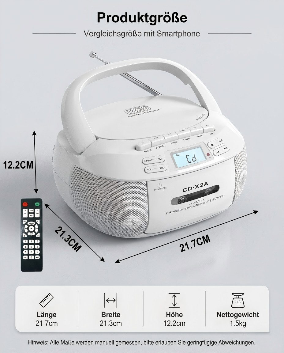 Greadio Tragbarer CD-Player Kassettenrekorder mit Bluetooth FM Radio, weiß Radio (FM (UKW)., mit CD, Kassette, USB und Bluetooth 5.1)