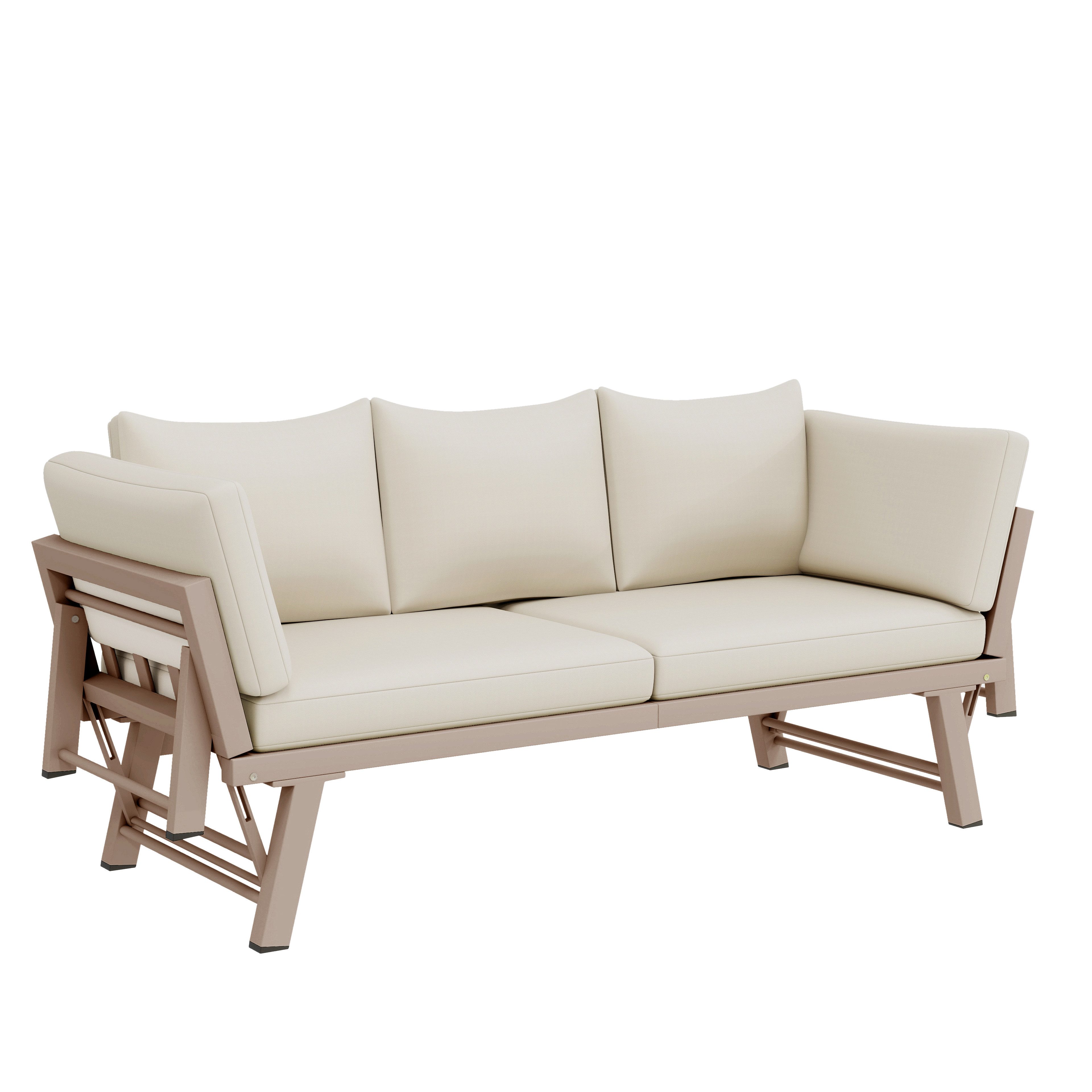 REDOM Gartenlounge-Set Inkl. Auflagen, verstellbare Armlehnen, (Set, 1-tlg., Vielseitige Gartenliege für draußen), 3-Sitzer Gartensofa in Beige, umwandelbar zur Liege