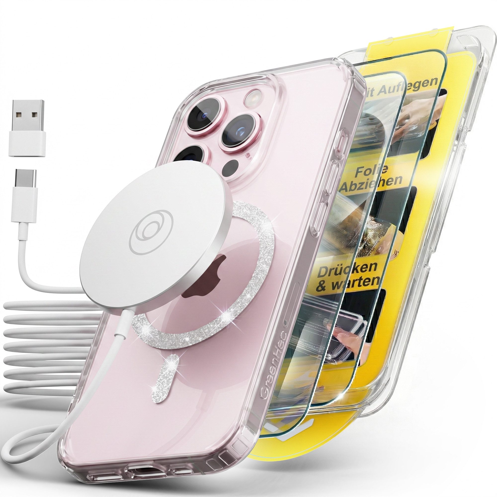 GreenHec Handyhülle Handyhülle iPhone 17 16 15 14 13 Pro Max Plus Glitzer Case Transparent 7 Zoll, Glänzend Magnetring, Transparent Hülle iPhone, GreenHec Clear Case