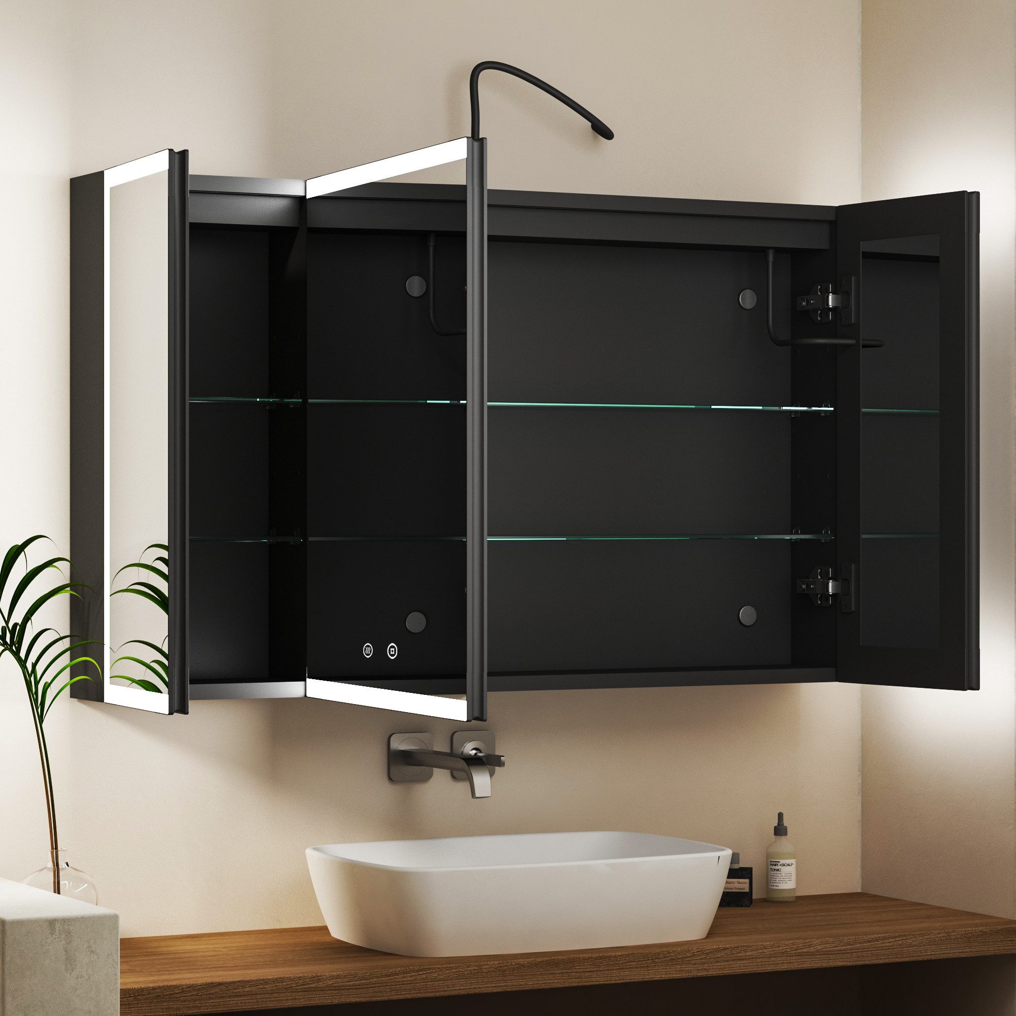 WDWRITTI Badezimmerspiegelschrank mit LED Spiegelschrank Bad mit Beleuchtung 100cm x 60cm 90x60cm 3türig (Alu-Schranktür, Stahl Schrank-Korpus, Doppel Spiegel, Kalt/Neutral/Warmweiß, Dimmbar, Anti-Fog, Speicherfunktion) vormontiert geliefert, Wandmontage, Eingebautemontage, mit Netzadapter