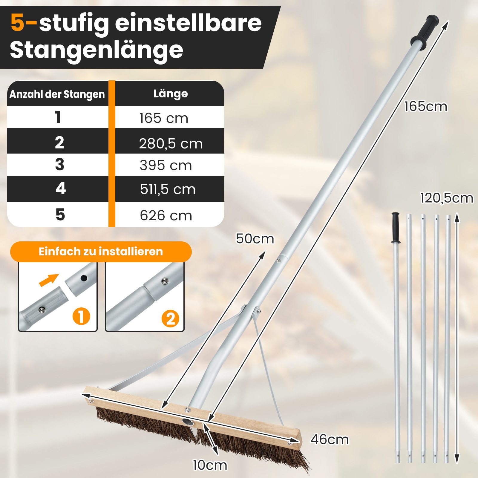 COSTWAY Dachrinnenreiniger, 165-626cm verstellbarer Dachrechen mit 5 Stangen