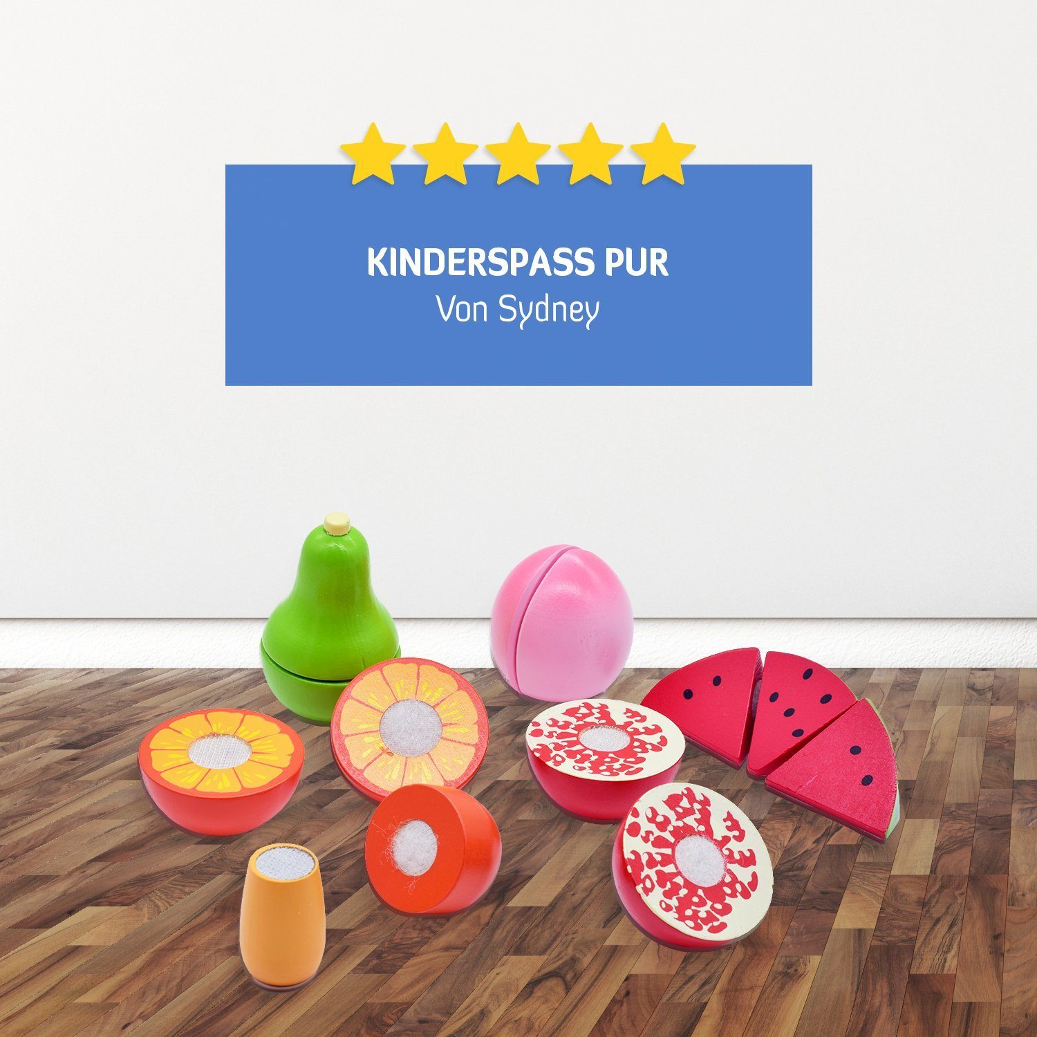 MIAS Lernspielzeug Holzobst Früchte zum schneiden Klettverschluß Holz Obst Brett Messer