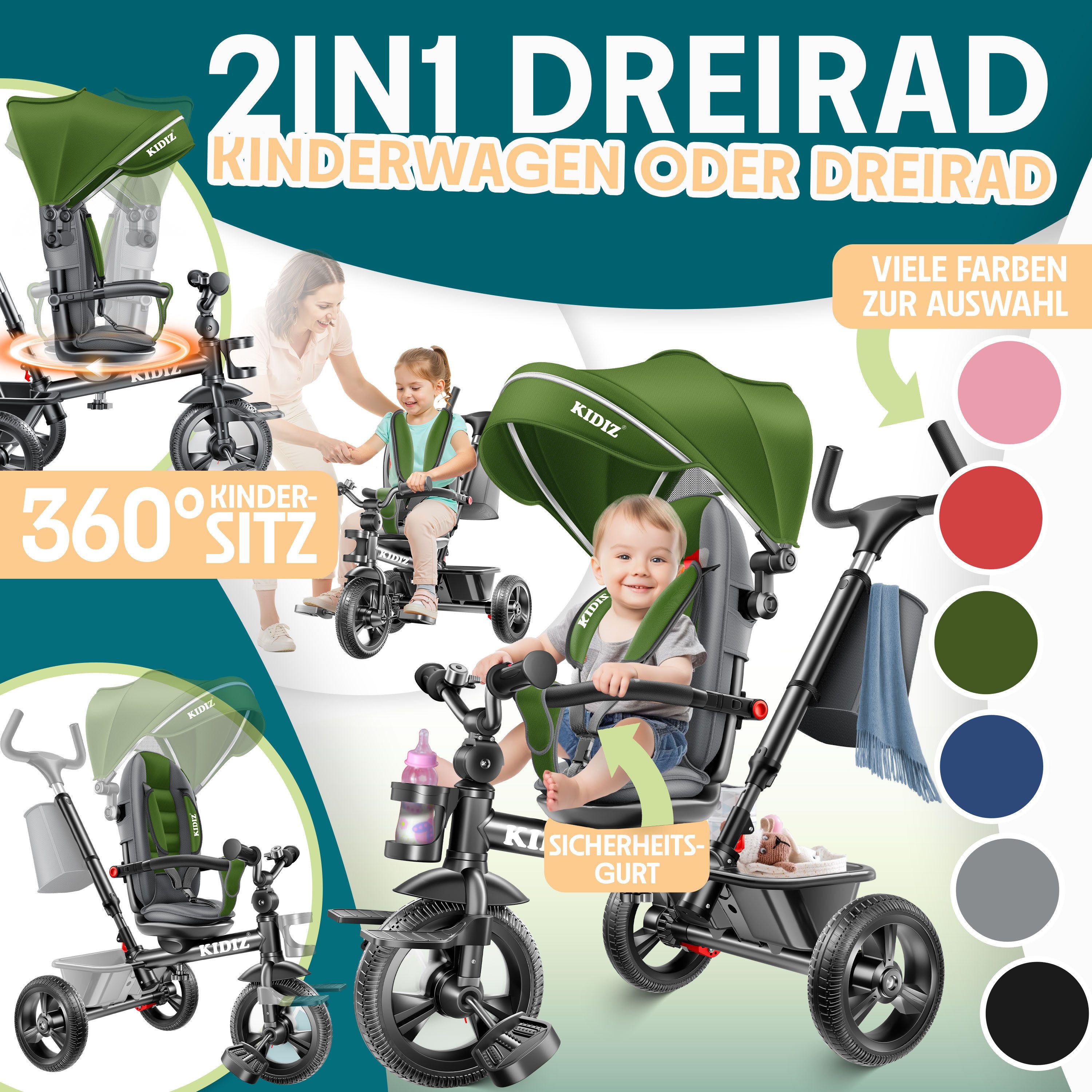 KIDIZ Dreirad, Dreirad 5in1 Kinderdreirad mit Schubstange Lenksystem Stange