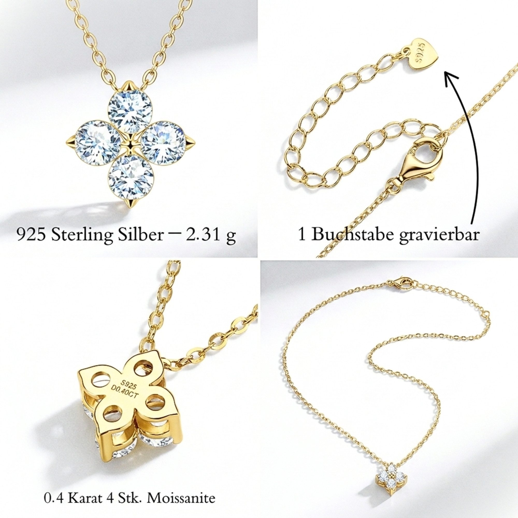 UNIQAL.de Silberkette Damen 925 Silber mit Diamant Moissanit 0,40 Karat - Kleeblatt (Silberkette mit floralem Moissanit Anhänger, 925 Sterling Silber weißgold oder 14K gold veredelt, inkl. Luxuriöse Schmuck Geschenkbox), Moissanit VVS1 Reinheit, GRA-Zertifikat, Halskette Geschenk für Damen