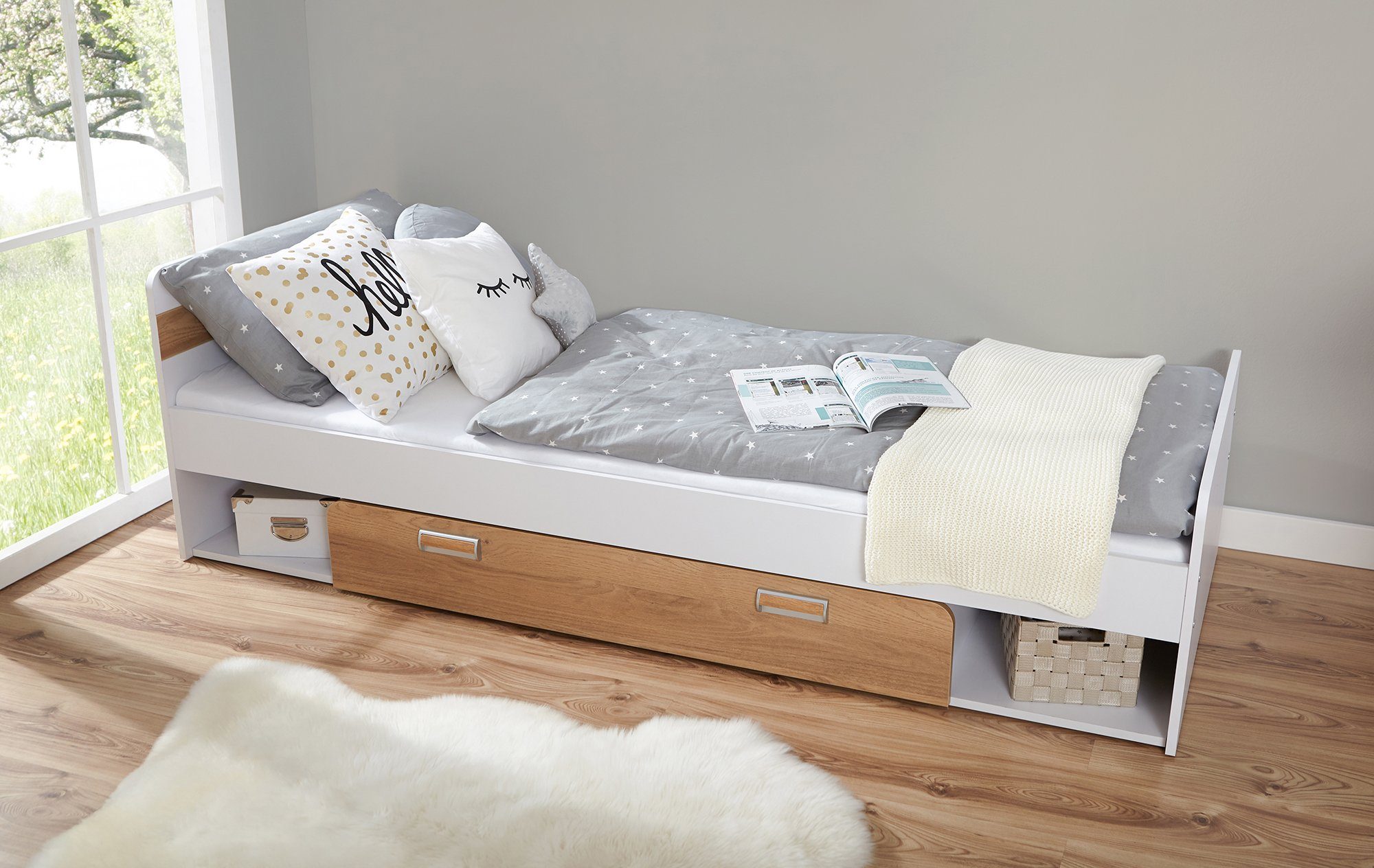 Ticaa Jugendzimmer-Set Lori, (Set, 6-tlg., Bett, Schrank, Schreibtisch, Standregal, Wandregal, Nachttisch), Bett + Schrank + Schreibtisch + Standregal + Wandregal + Nachttisch