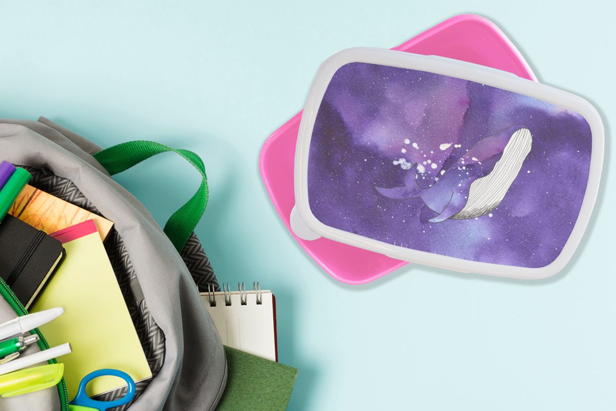 Raum Kunststoff, Brotdose für Kinder, Mädchen, MuchoWow Lunchbox - (2-tlg), Erwachsene, - Kunststoff Brotbox rosa Wal Snackbox, Farben,