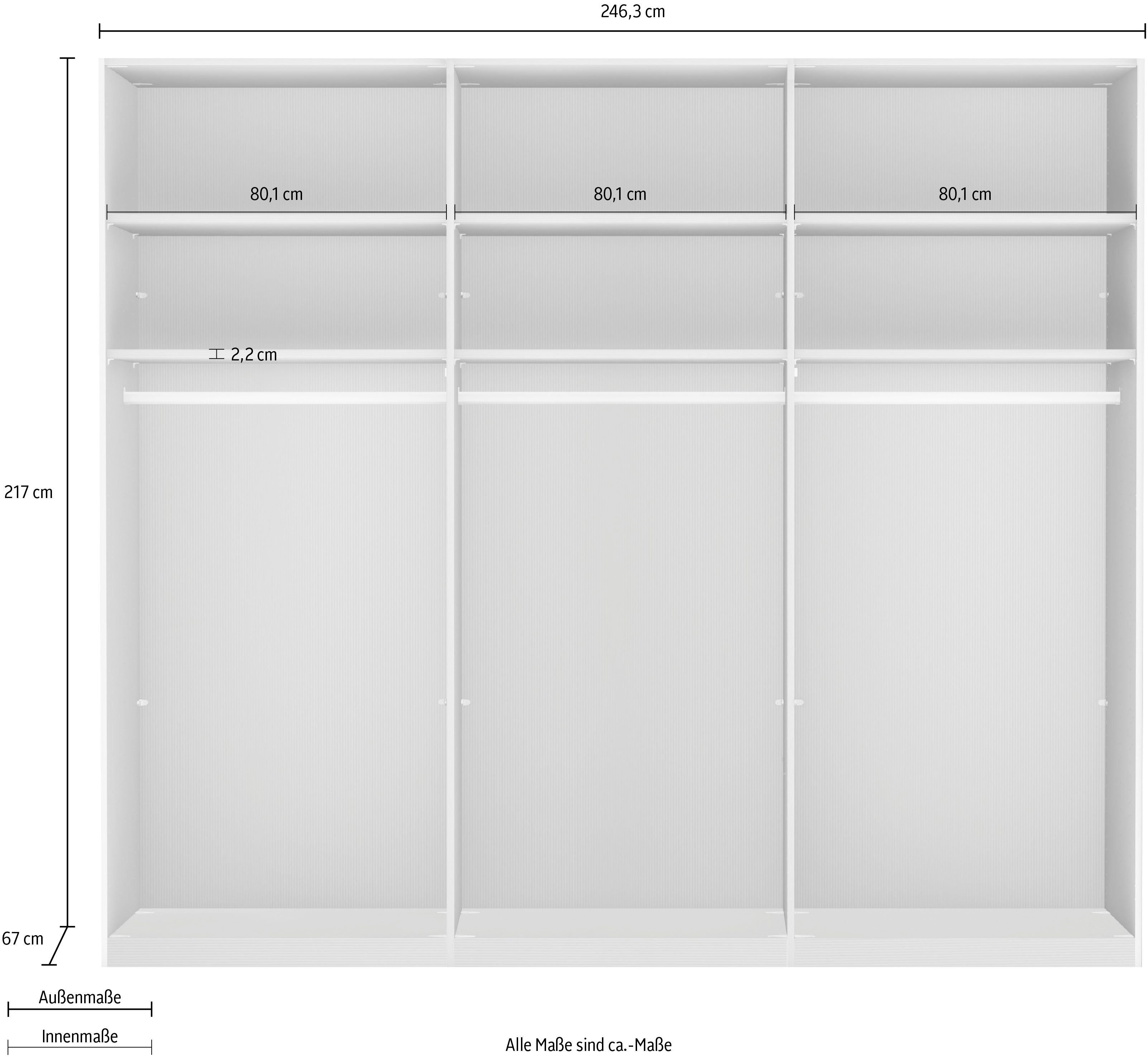 WIEMANN Schwebetürenschrank Monaco hochwertige und Bianco-Eiche-Nachbildung/Glas Spiegelfront Glas- Champagner/Kristallspiegel