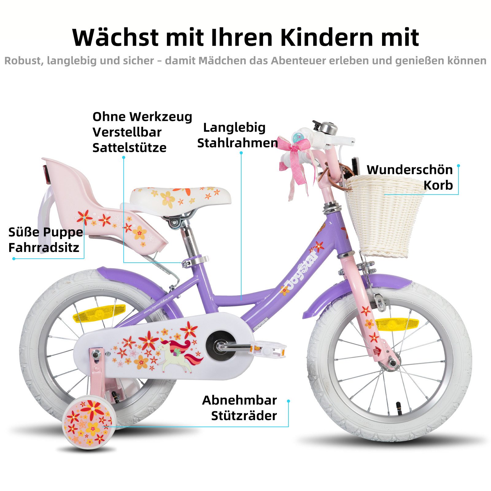 JOYSTAR Kinderfahrrad 12 14 16 18 Zoll Mädchenfahrrad, 3 - 9 Jahre, Geschenk für Prinzessin, 1 Gang, Puppenradsitz & Stützrädern& Korbstreamer, 18 Zoll mit Stützrädern